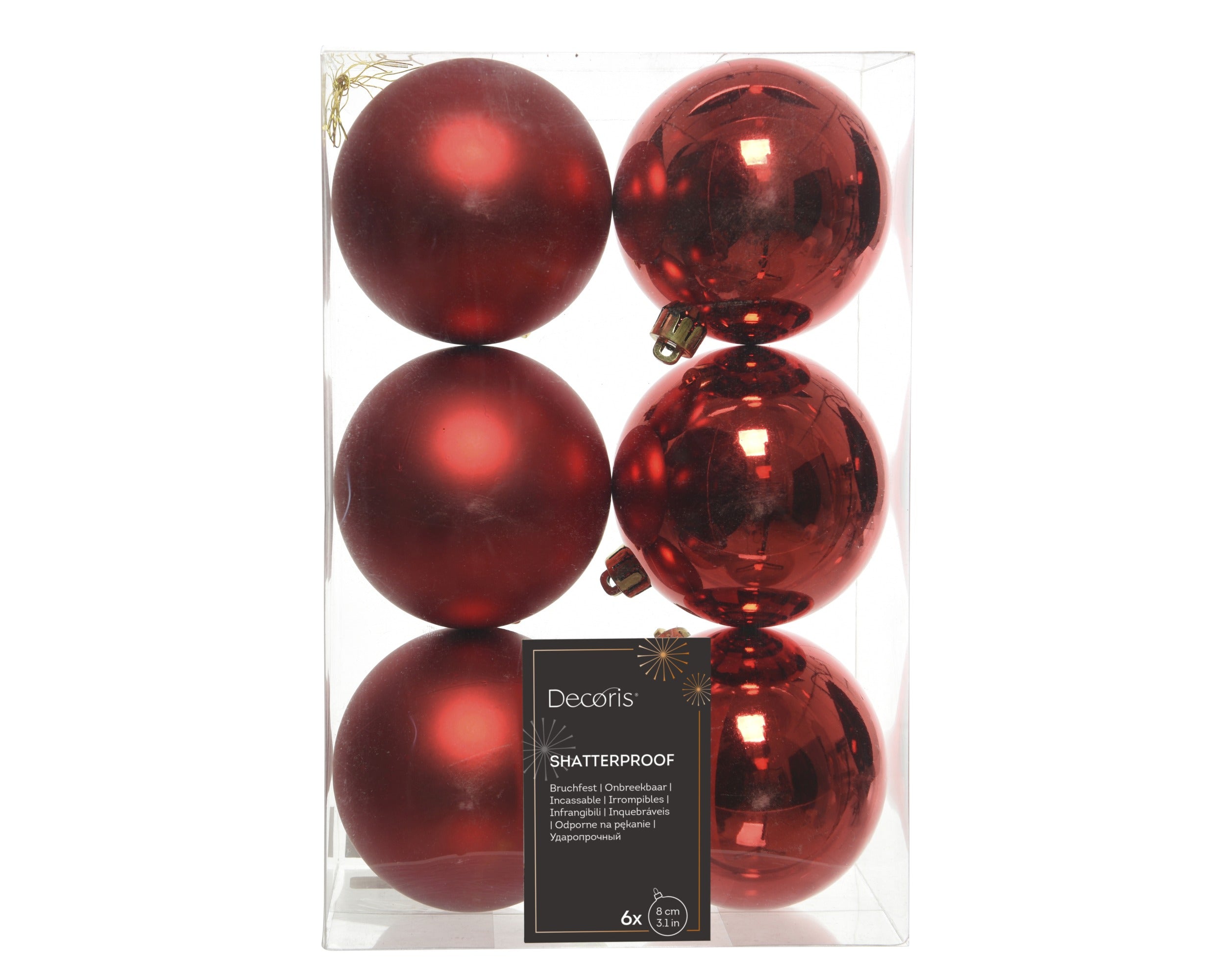 Kerstballen kunststof glans/mat mix 8cm - kerstrood 6st.