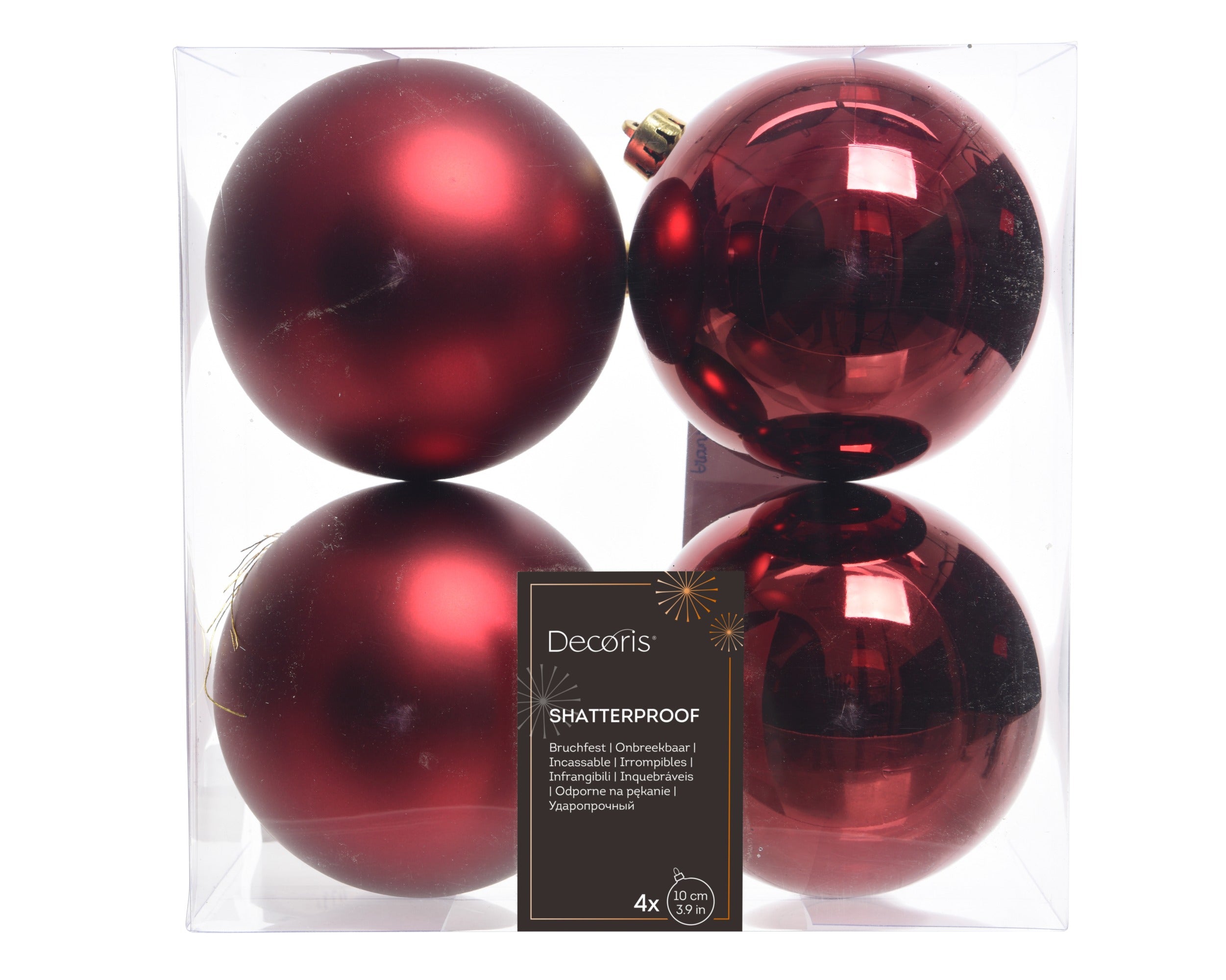 Kerstballen kunststof glans/mat mix 10cm - ossenbloed 4st.