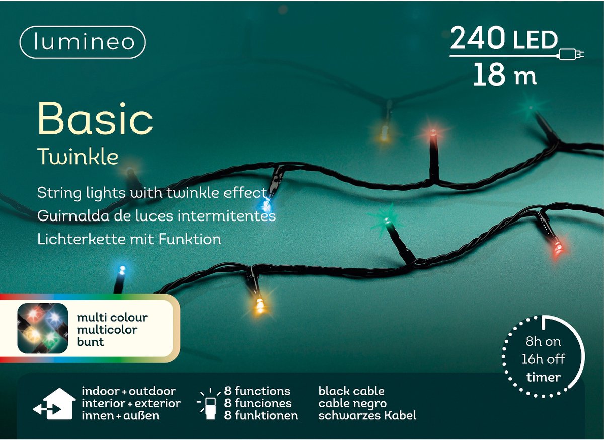 Lumineo LED basic twinkel 1800cm 240L - zwart/multi - kerstverlichting