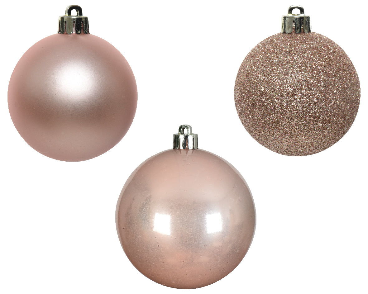 Kerstballen kunststof glans/mat/glitter mix 6cm - poederroze 10st.