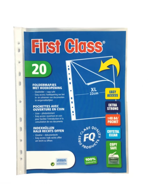 FIRST CLASS Plastiekmapjes m/hoekopening foldermapjes XL heldere insteekhoes 20s