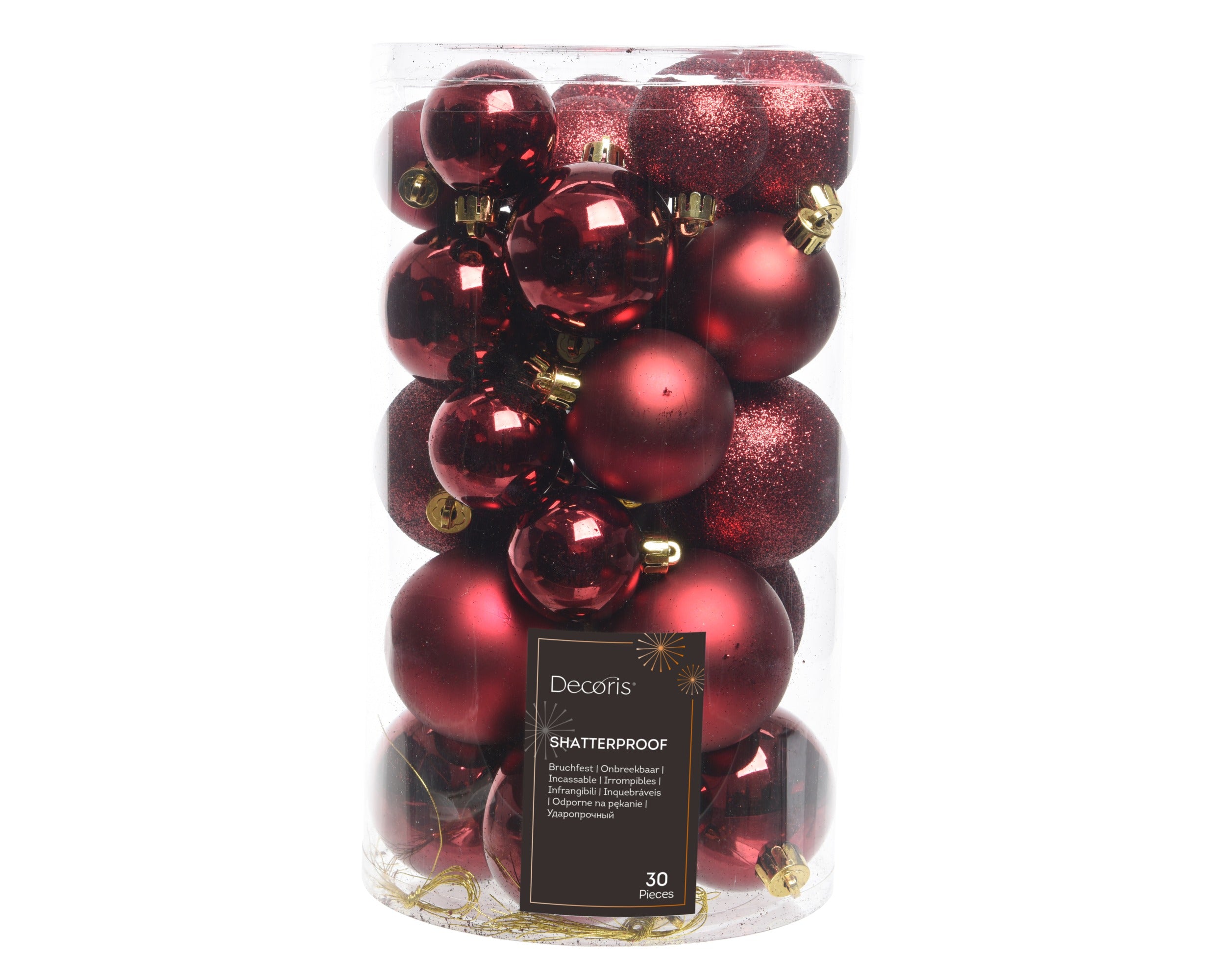 Kerstballen kunststof glans/mat/glitter mix 6cm 5cm 4cm - ossenbloed 30st.