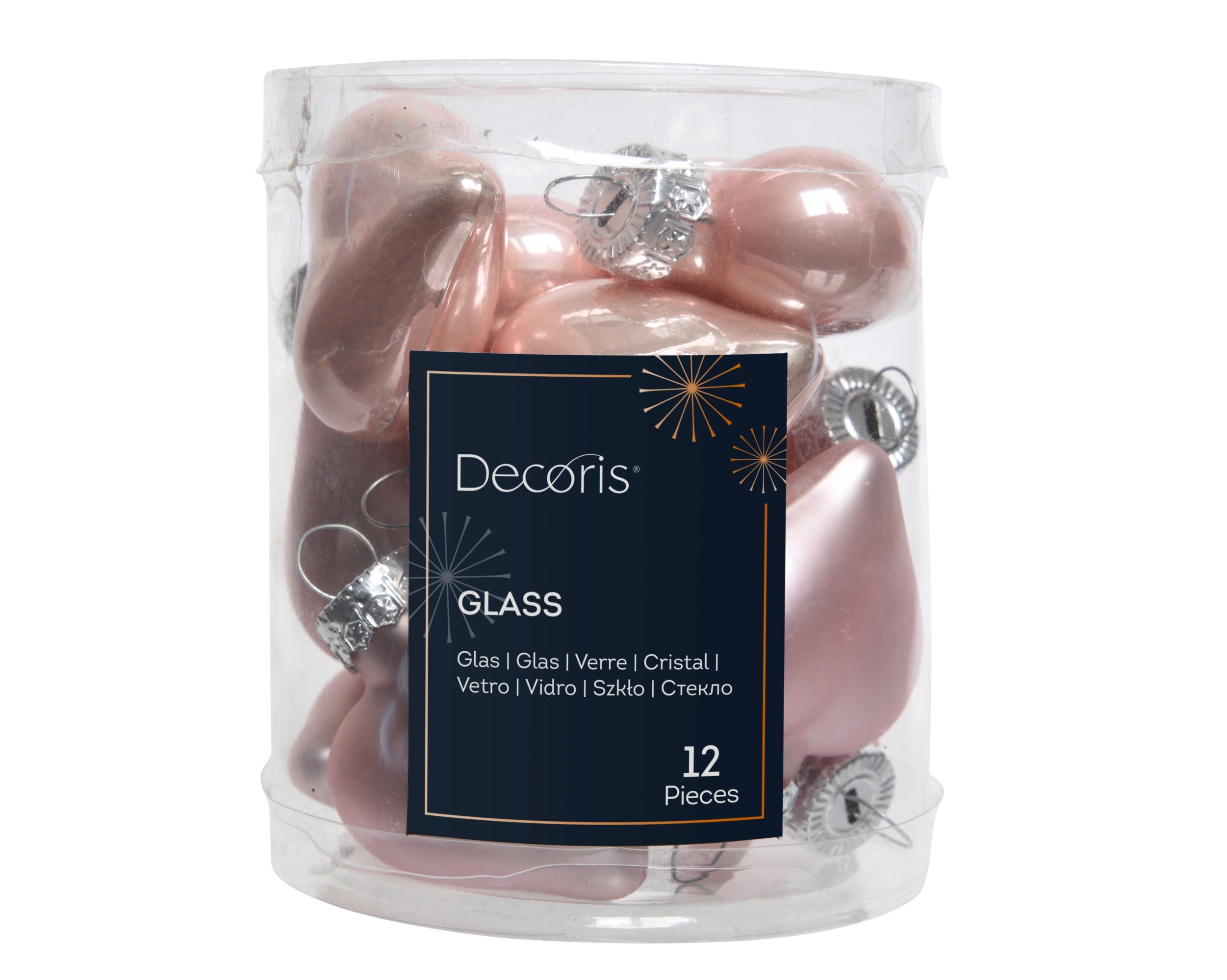 Kerstballen hart glas emaille/mat mix 4.5x4cm - poederroze 12st.