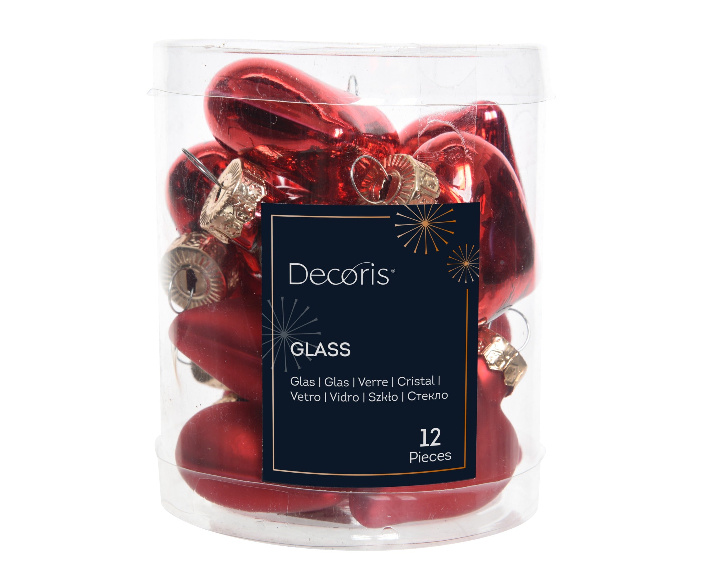 Kerstballen hart glas glans/mat mix 4.5x4cm - kerstrood 12st.