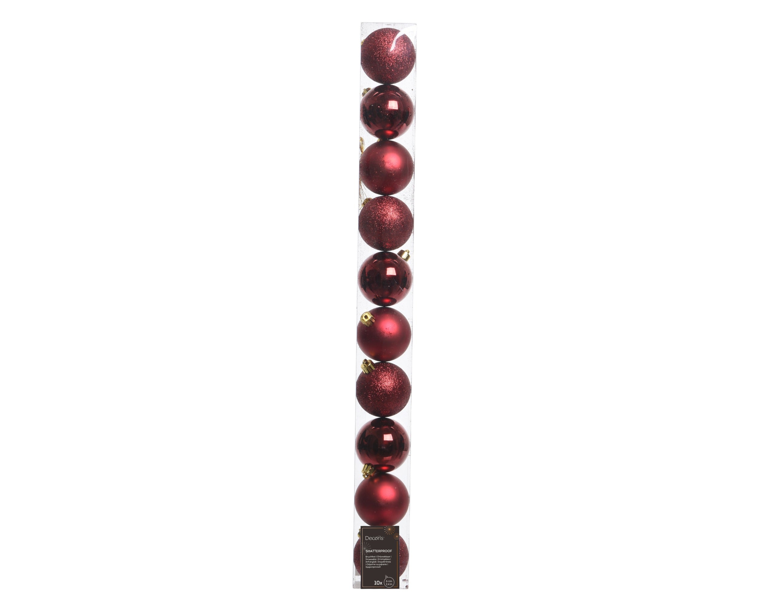 Kerstballen kunststof glans/matt/glitter mix 6cm - ossenbloed 10st.