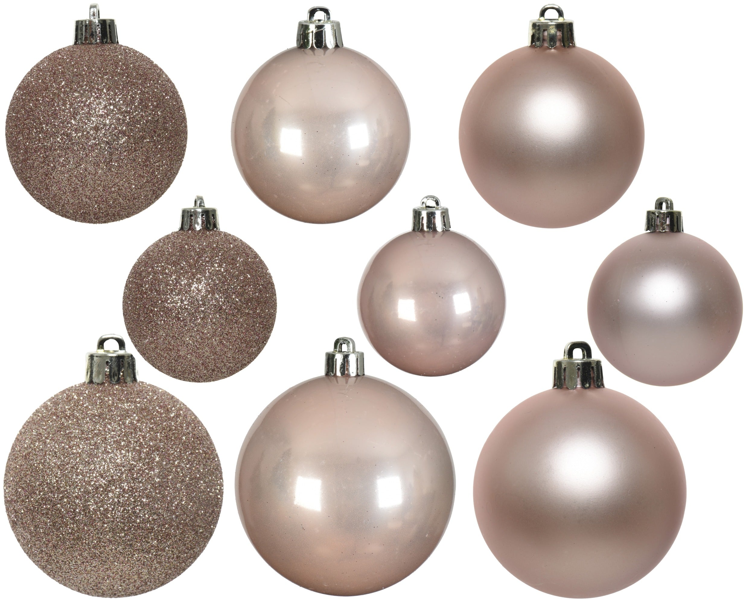 Kerstballen kunststof glans/mat/glitter mix 6cm 5cm 4cm - poederroze 30st.