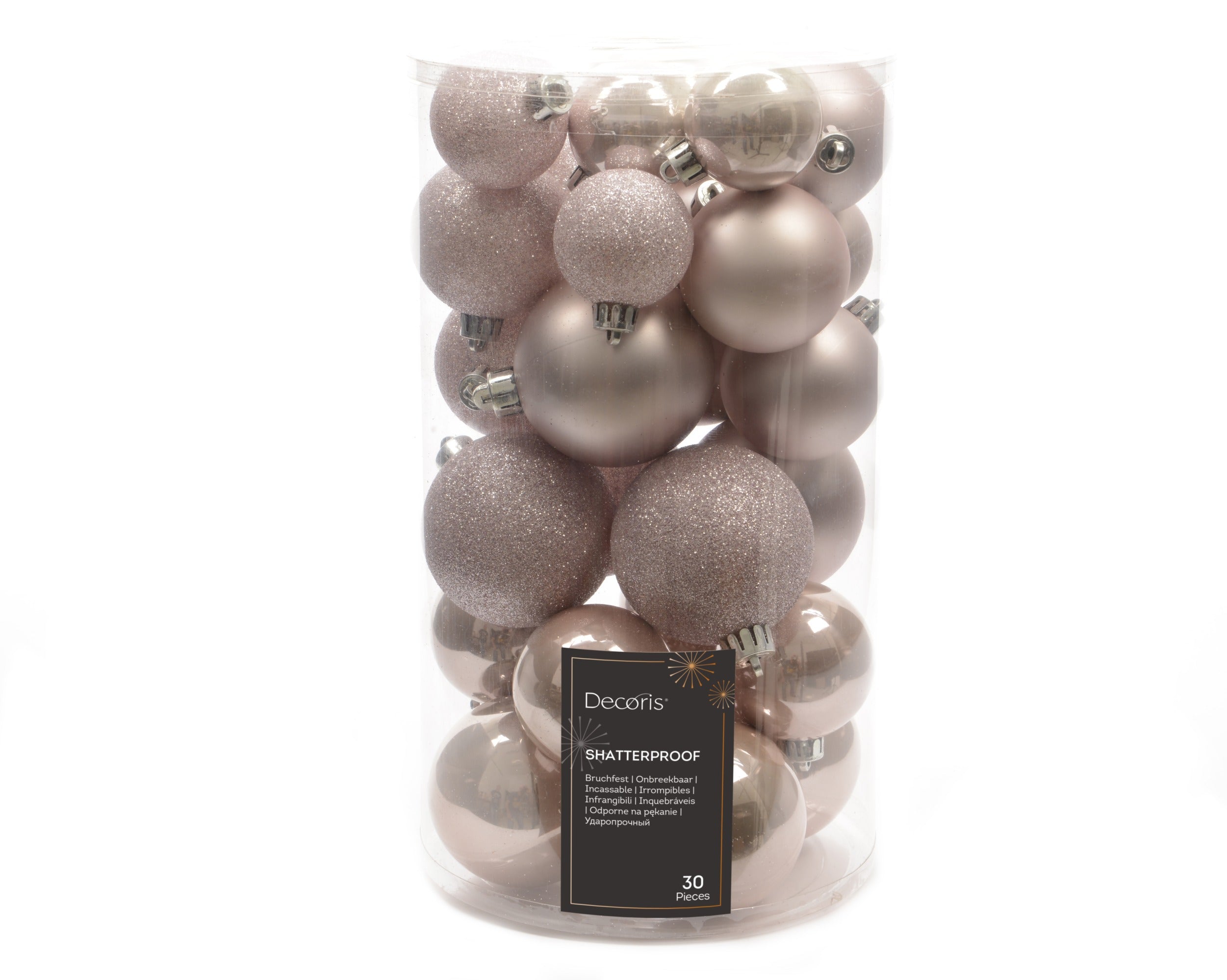 Kerstballen kunststof glans/mat/glitter mix 6cm 5cm 4cm - poederroze 30st.