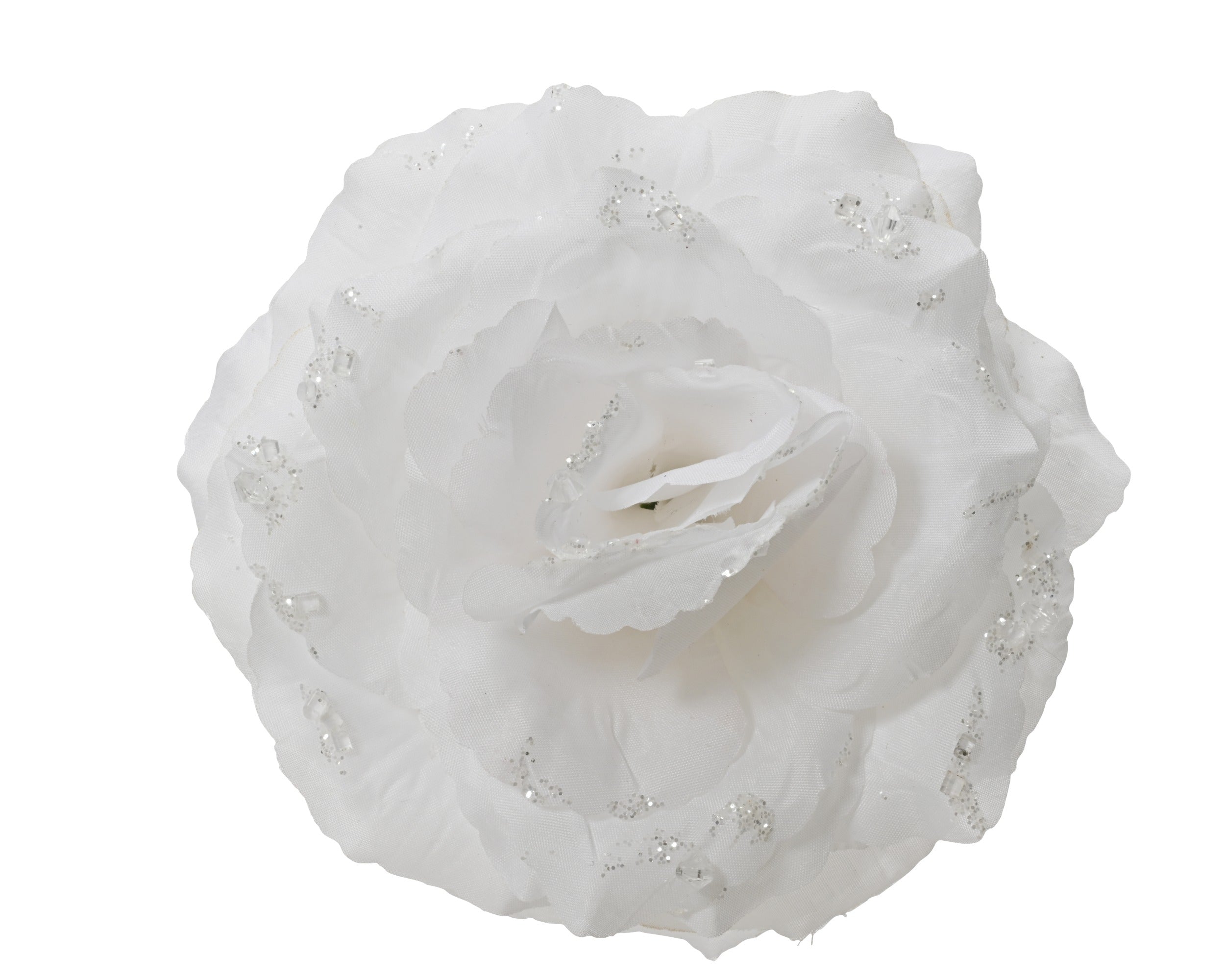 Kerst roos op clip glitter 14cm - winterwit