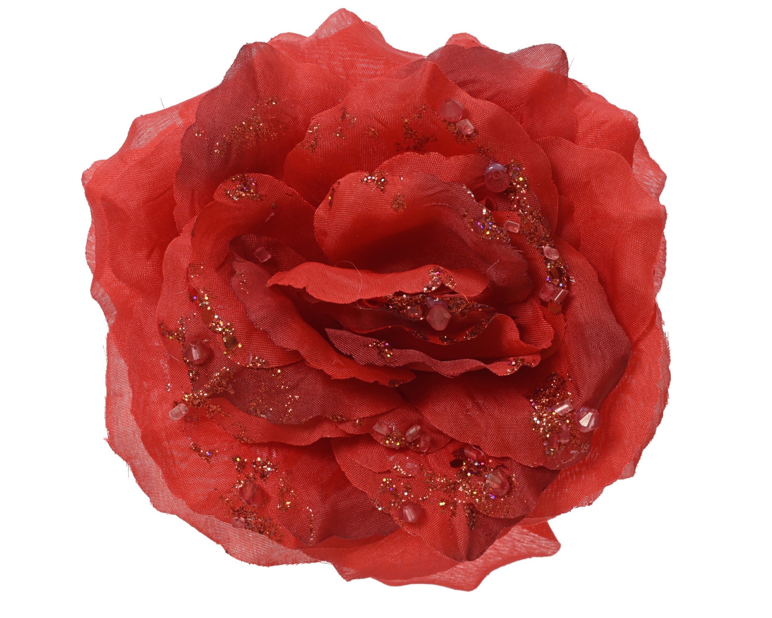 Kerst roos op clip glitter 14cm - kerstrood
