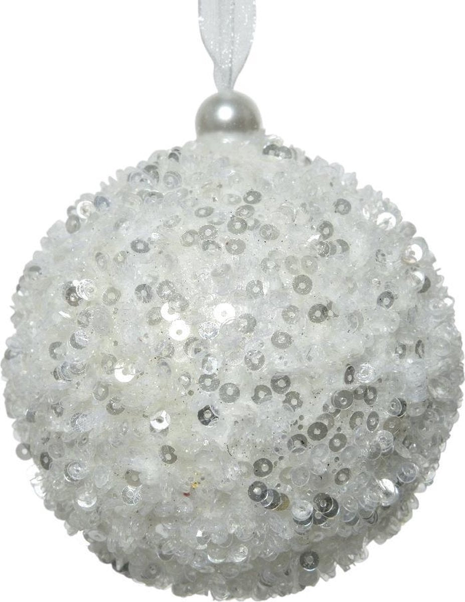 Kerstbal foam pailletten 8cm - winterwit (prijs per stuk)