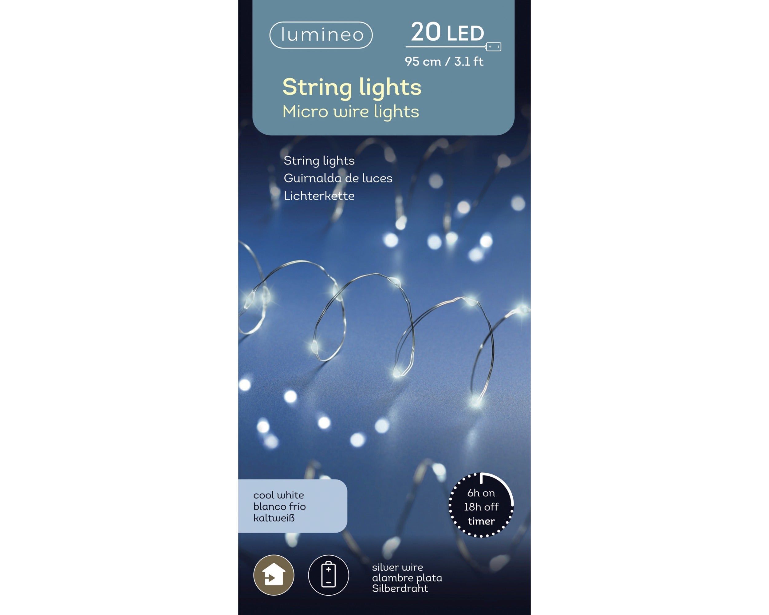 Lumineo LED stringlight steady binnen 95cm 20L - koel wit zilver/ koel wit - kerstverlichting