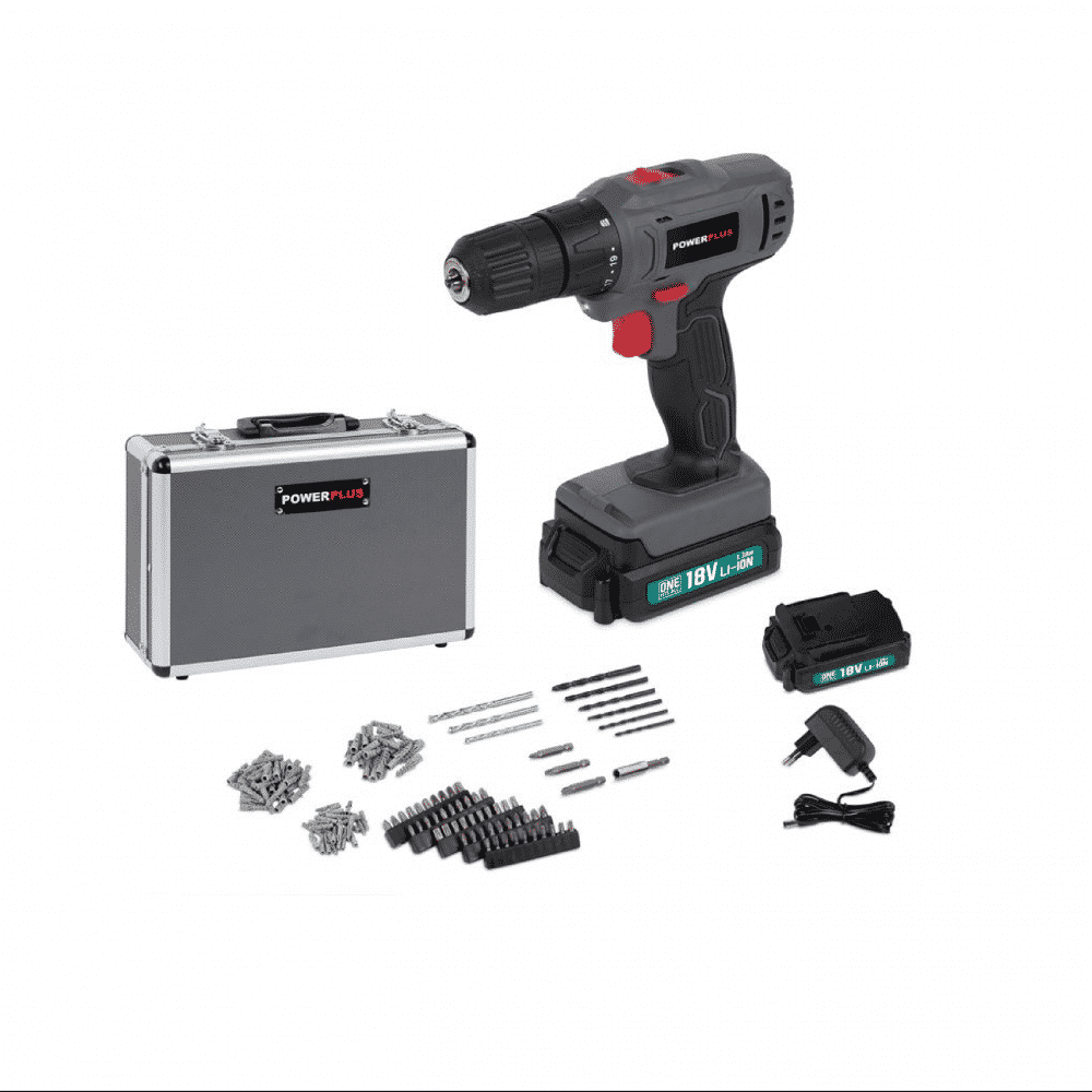 POWERPLUS Schroefboormachine 18V m/acc. + 2xbatterij en lader incl.