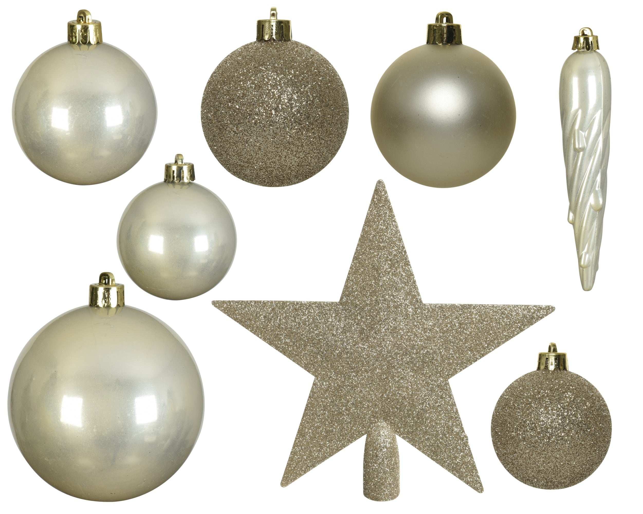 Kerstballen + piek kunststof glans/mat/glitter mix 8cm 6cm 5cm - parel 33st.