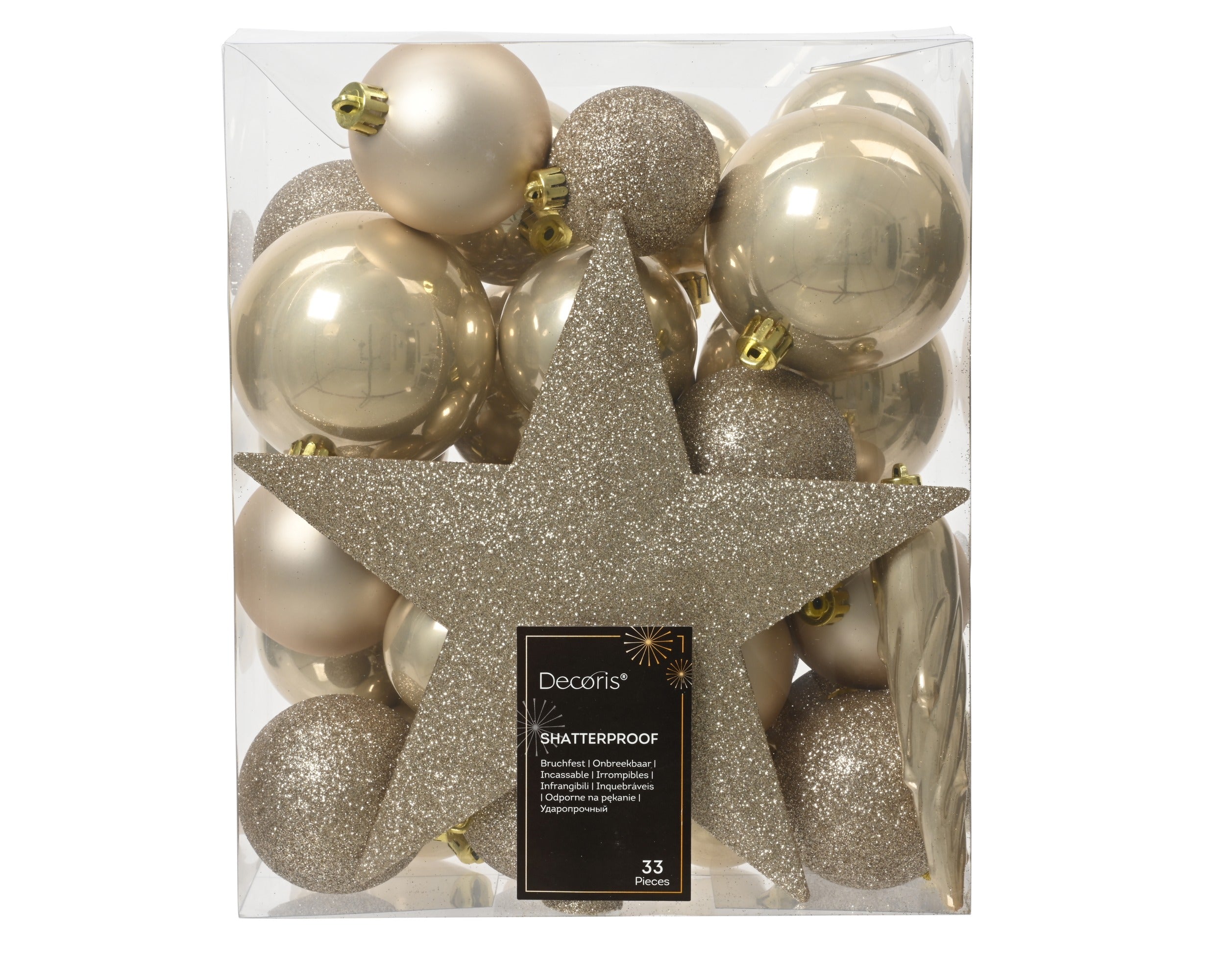 Kerstballen + piek kunststof glans/mat/glitter mix 8cm 6cm 5cm - parel 33st.