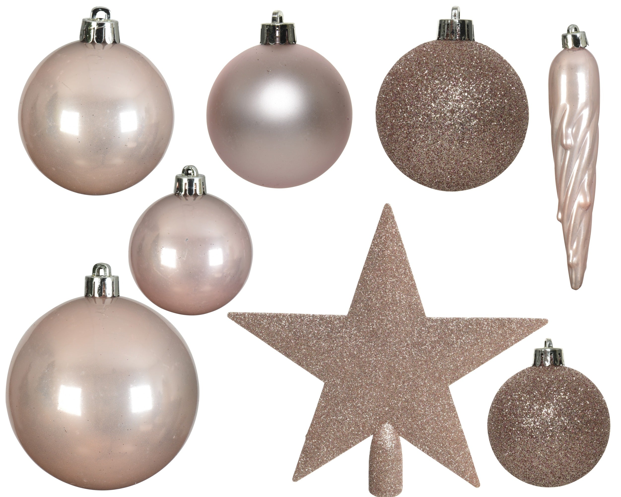 Kerstballen + piek kunststof glans/mat/glitter mix 8cm 6cm 5cm - poederroze 33st.