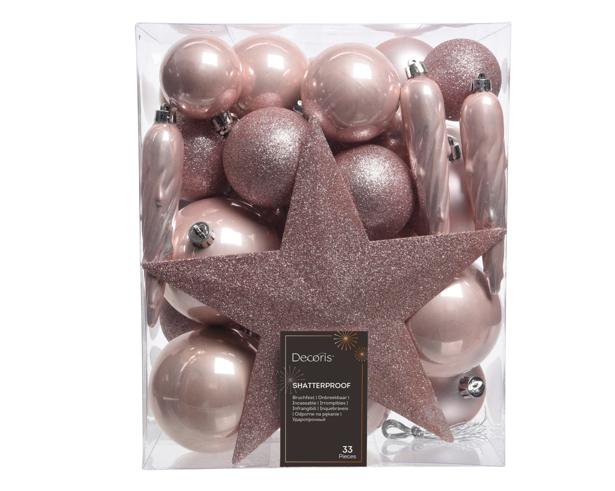 Kerstballen + piek kunststof glans/mat/glitter mix 8cm 6cm 5cm - poederroze 33st.