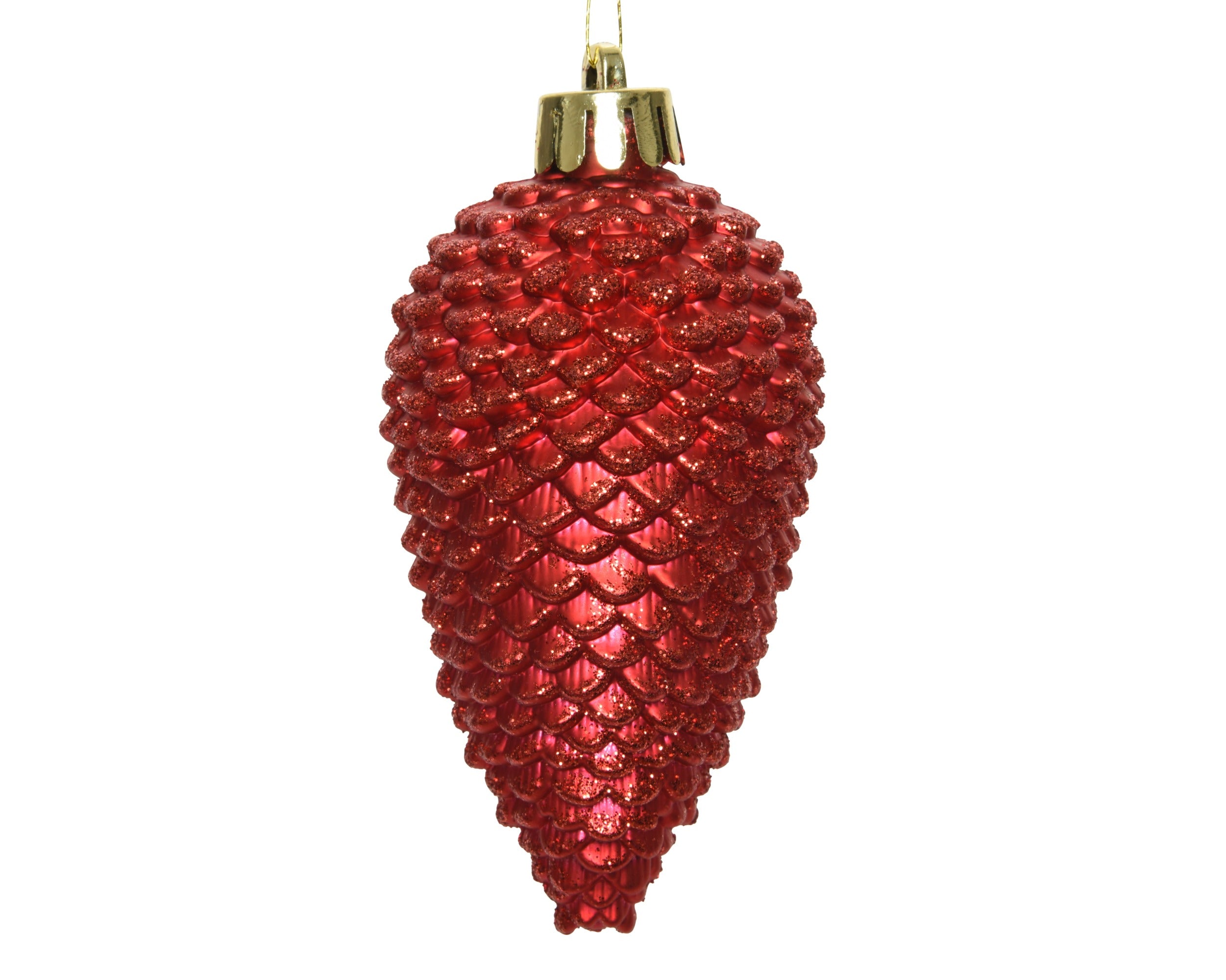 Kerstballen dennenappel kunststof glitter 8cm - kerstrood 6st.