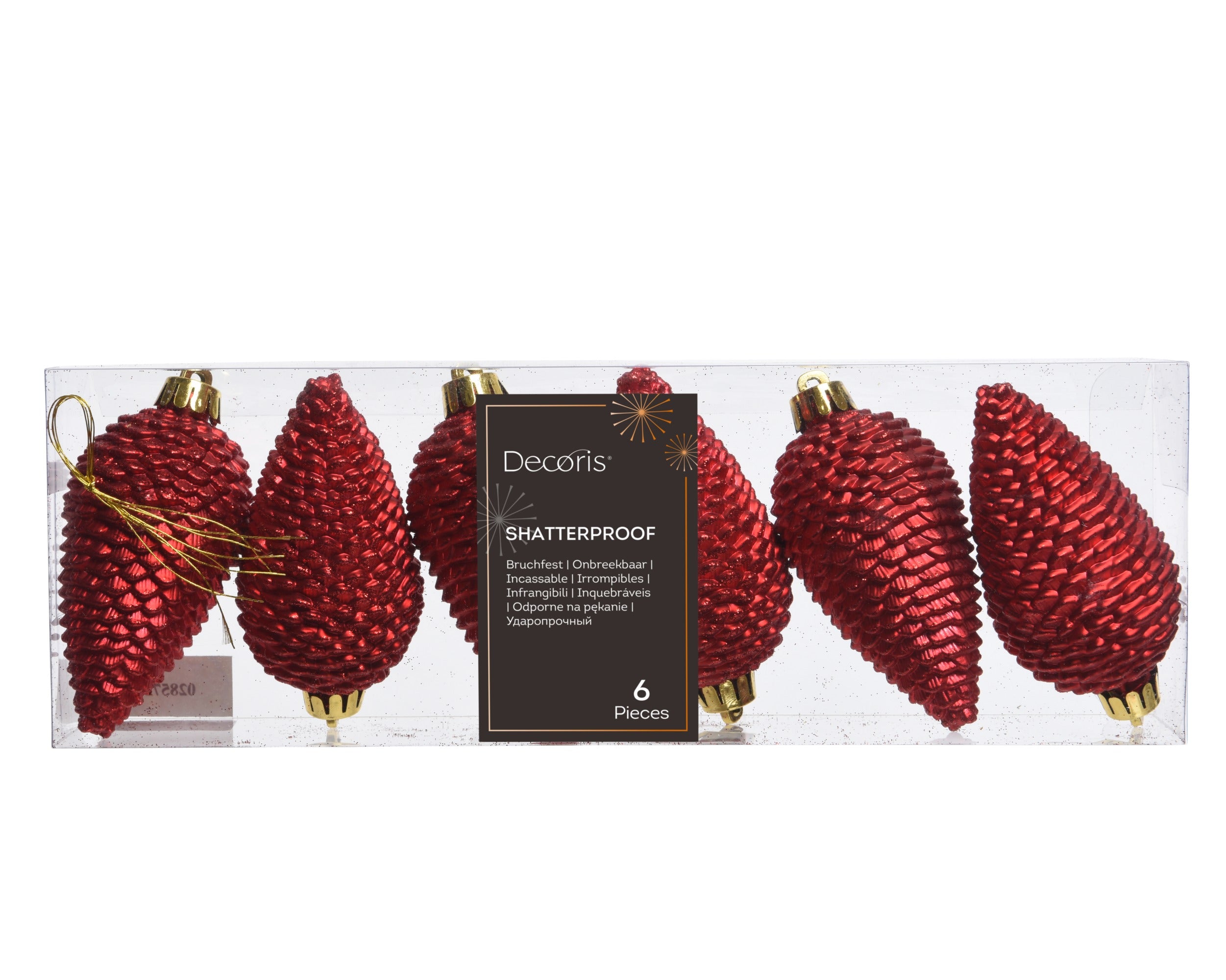Kerstballen dennenappel kunststof glitter 8cm - kerstrood 6st.