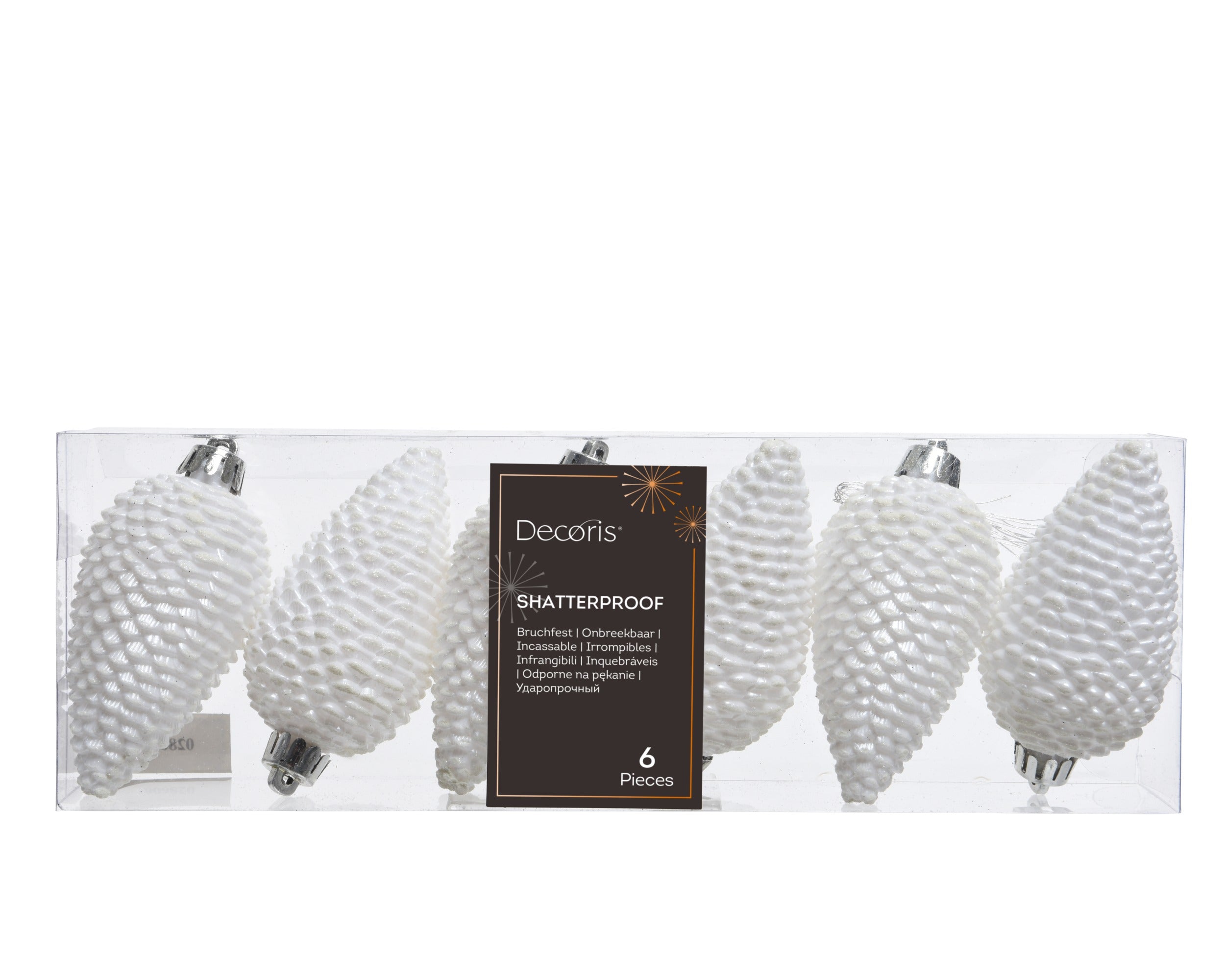 Kerstballen dennenappel kunststof glitter 8cm - winterwit 6st.