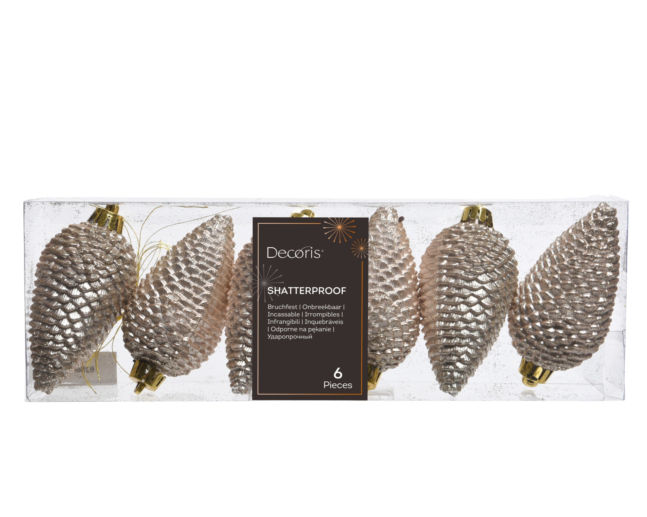 Kerstballen dennenappel kunststof glitter 8cm - parel 6st.