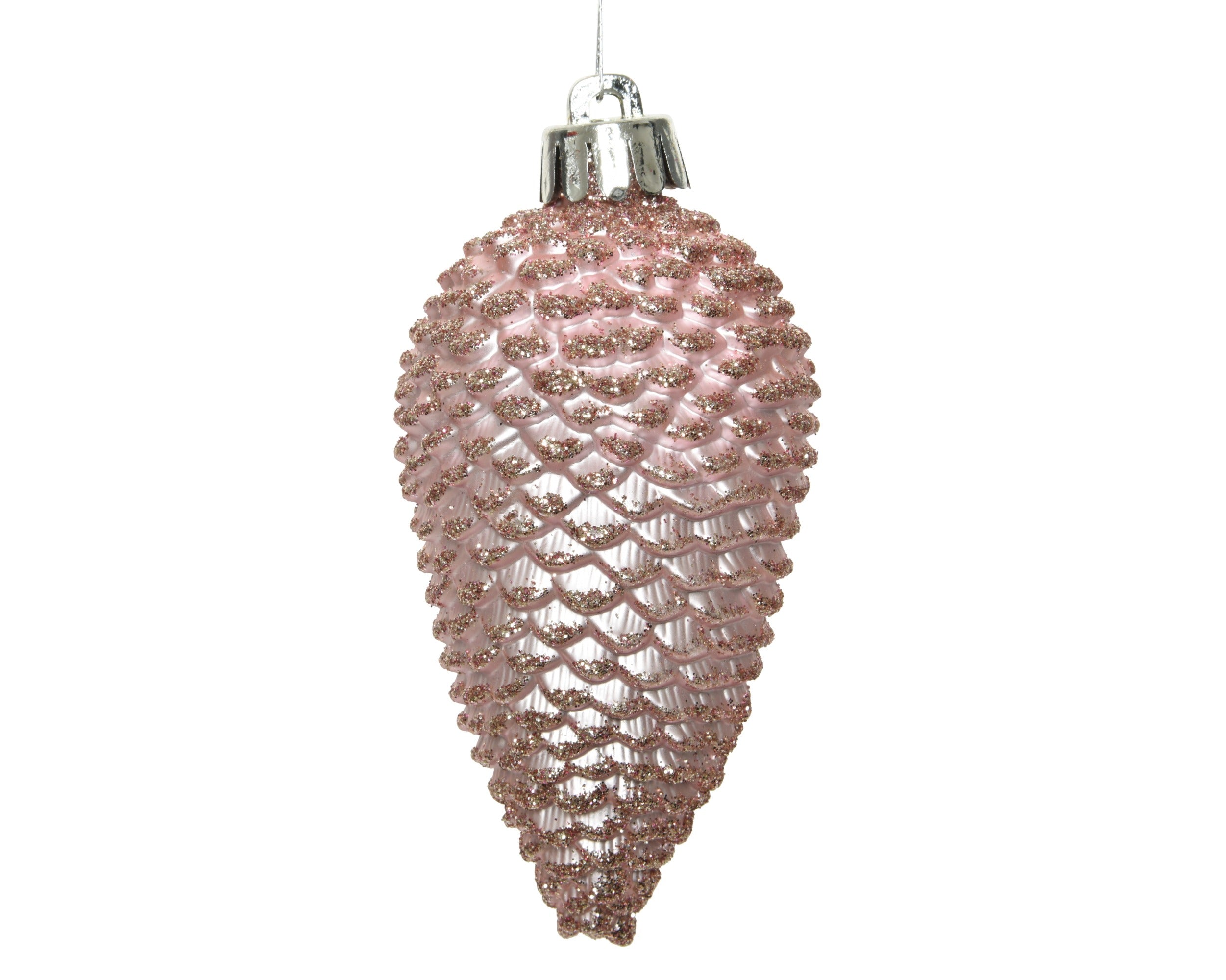 Kerstballen dennenappel kunststof glitter 8cm - poederroze 6st.