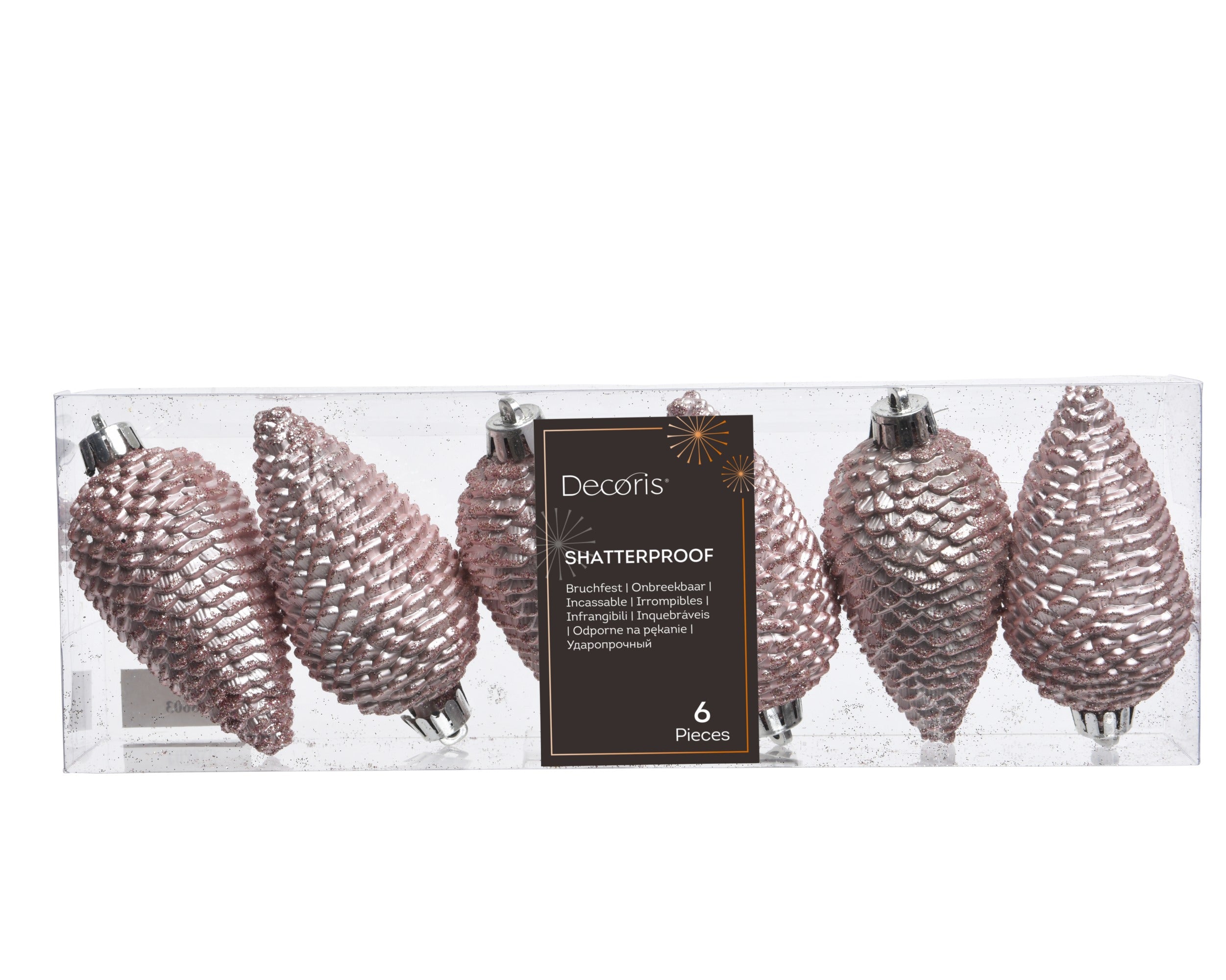 Kerstballen dennenappel kunststof glitter 8cm - poederroze 6st.