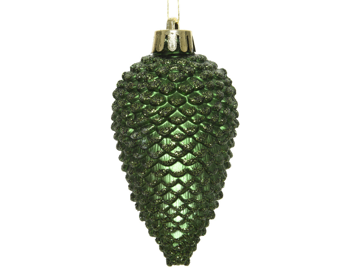 Kerstballen dennenappel kunststof glitter 8cm - dennengroen 6st.