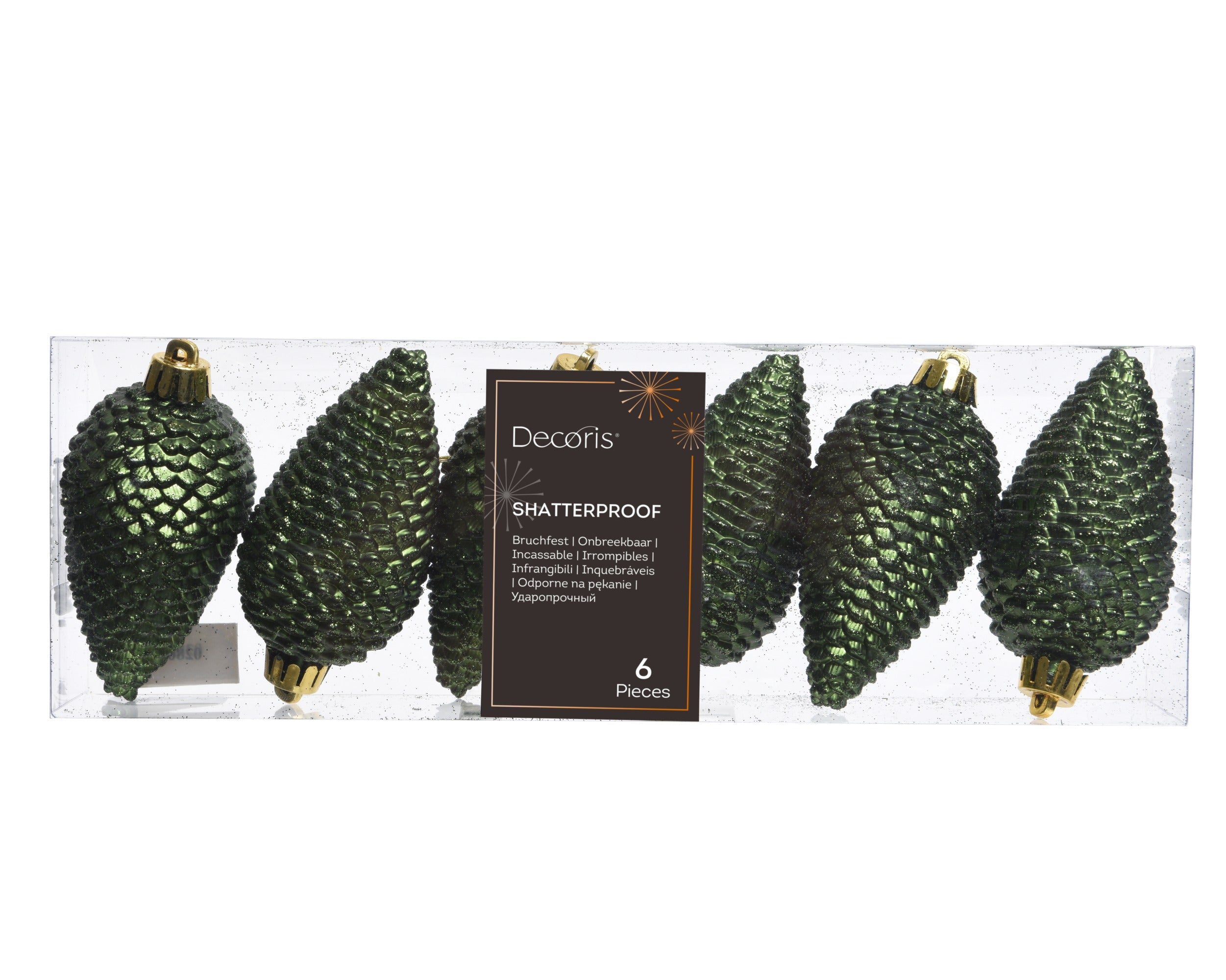 Kerstballen dennenappel kunststof glitter 8cm - dennengroen 6st.