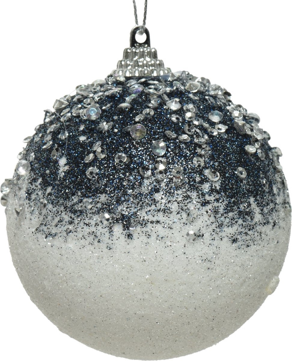 Kerstbal foam glitter parels 8cm - wit/blauw (prijs per stuk)