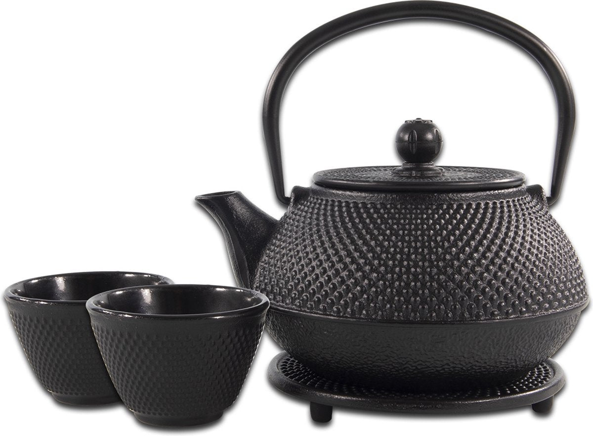 Theeset 4dlg gietijzer - Theepot 0.8L m/ onderzetter en 2 kopjes 100ml