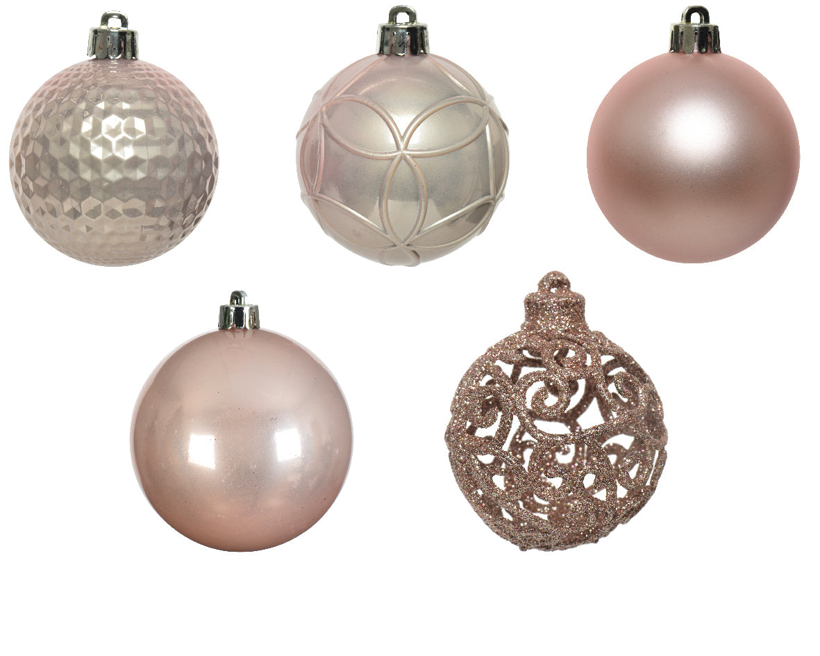 Kerstballen kunststof glans/mat/glitter mix 6cm - poederroze 37st.