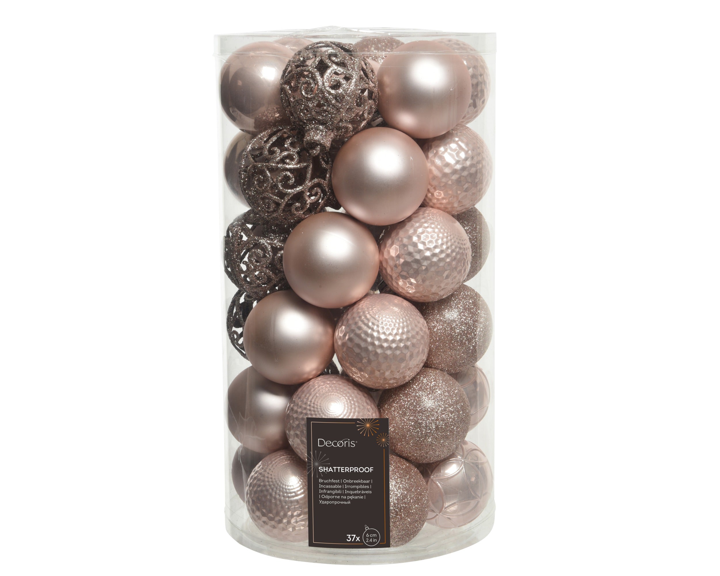 Kerstballen kunststof glans/mat/glitter mix 6cm - poederroze 37st.