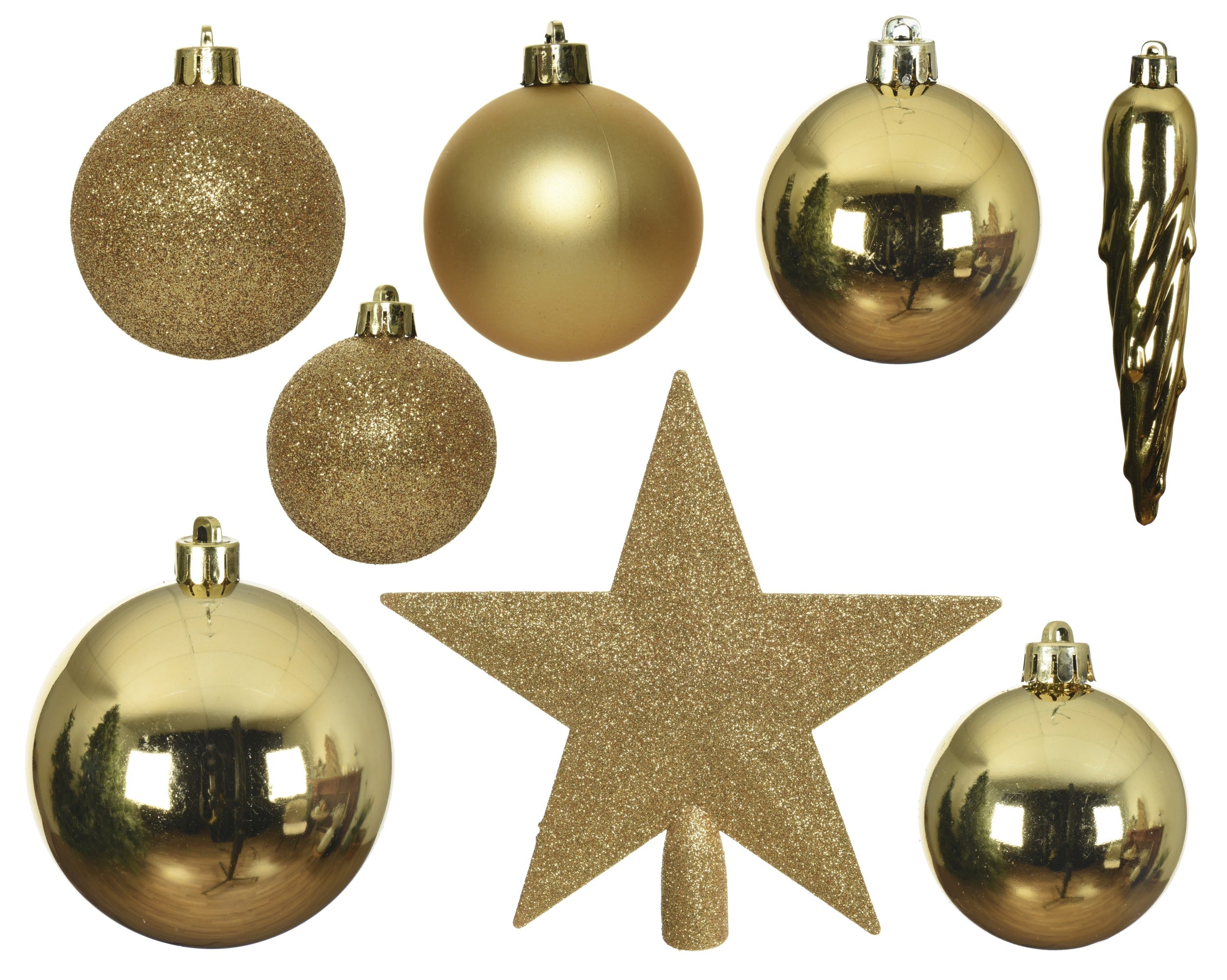 Kerstballen + piek kunststof glans/mat/glitter mix 8cm 6cm 5cm - licht goud 33st.