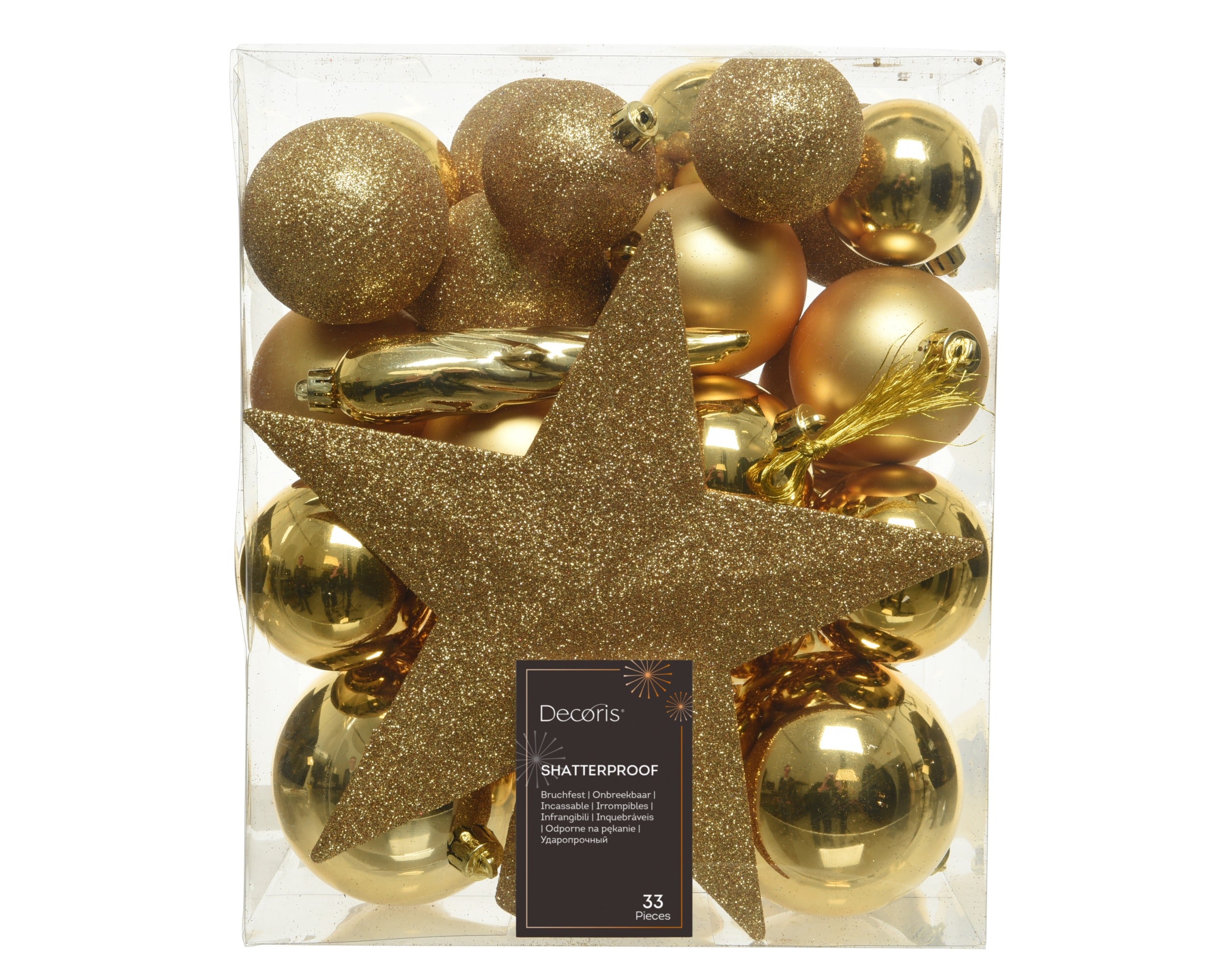 Kerstballen + piek kunststof glans/mat/glitter mix 8cm 6cm 5cm - licht goud 33st.