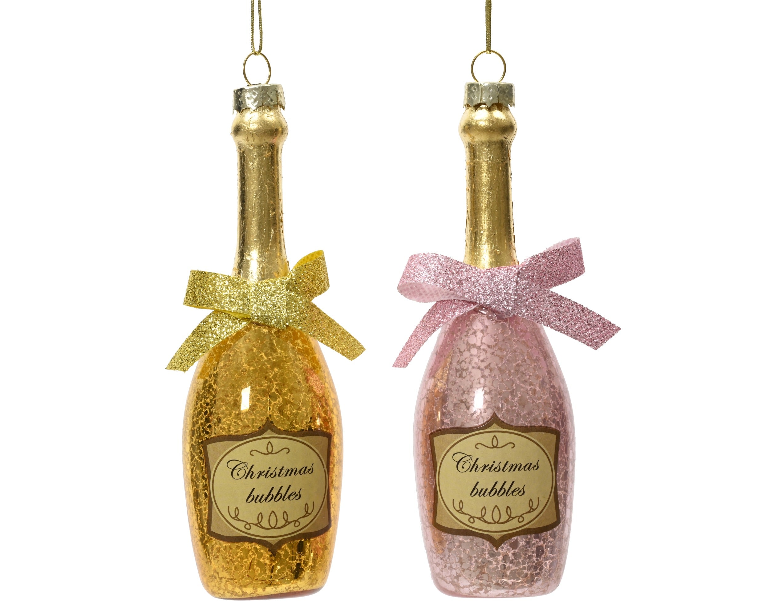 Kersthanger fles glas glitter 13.5cm - goud/roze - ass. (prijs per stuk)