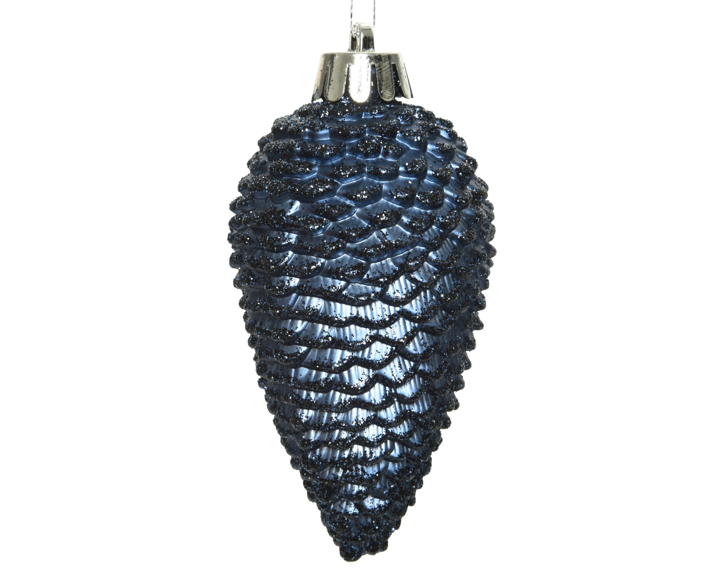 Kerstballen dennenappel kunststof glitter 8cm - nachtblauw 6st.