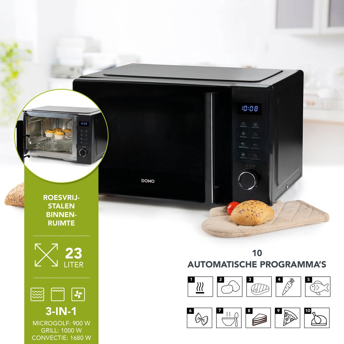 DOMO Microgolfoven combi 23L - zwart 1000W combinatie magnetron +draaiplateau