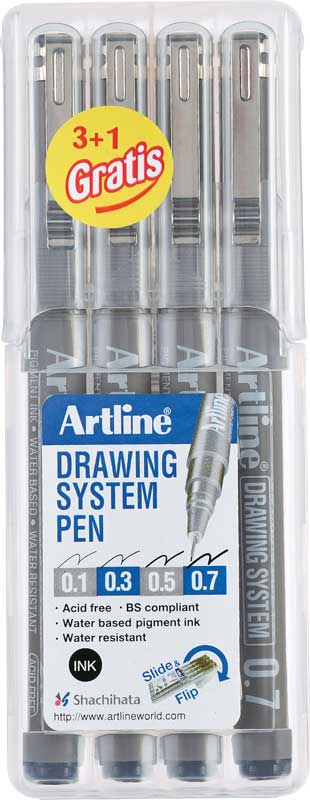 ARTLINE Hardcase set - 4 drawing pen 0.1/0.3/0.5/0.7mm - zwart