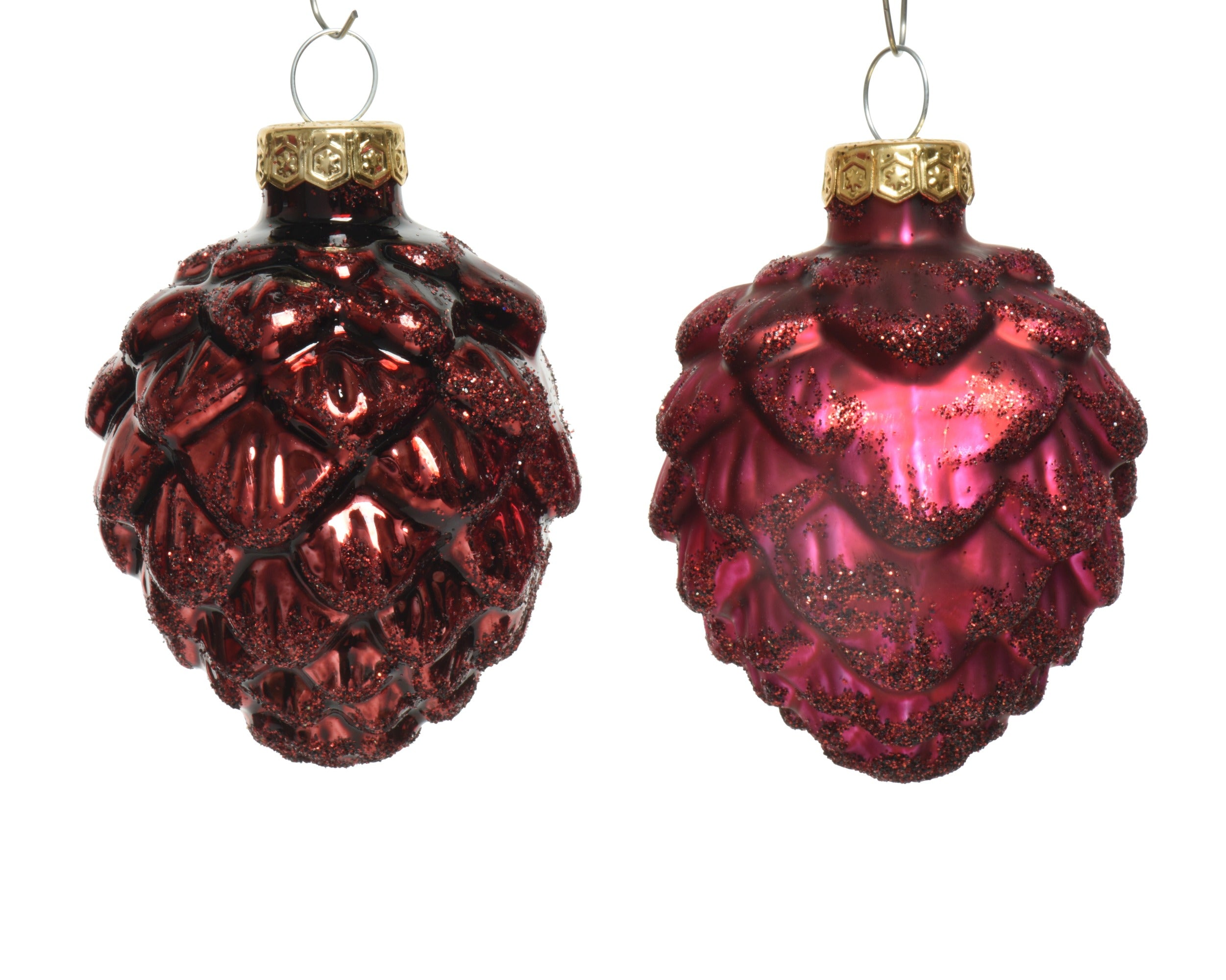 Kerstballen dennenappel glas glans/mat glitter mix 5x7cm - ossenbloed 6st.
