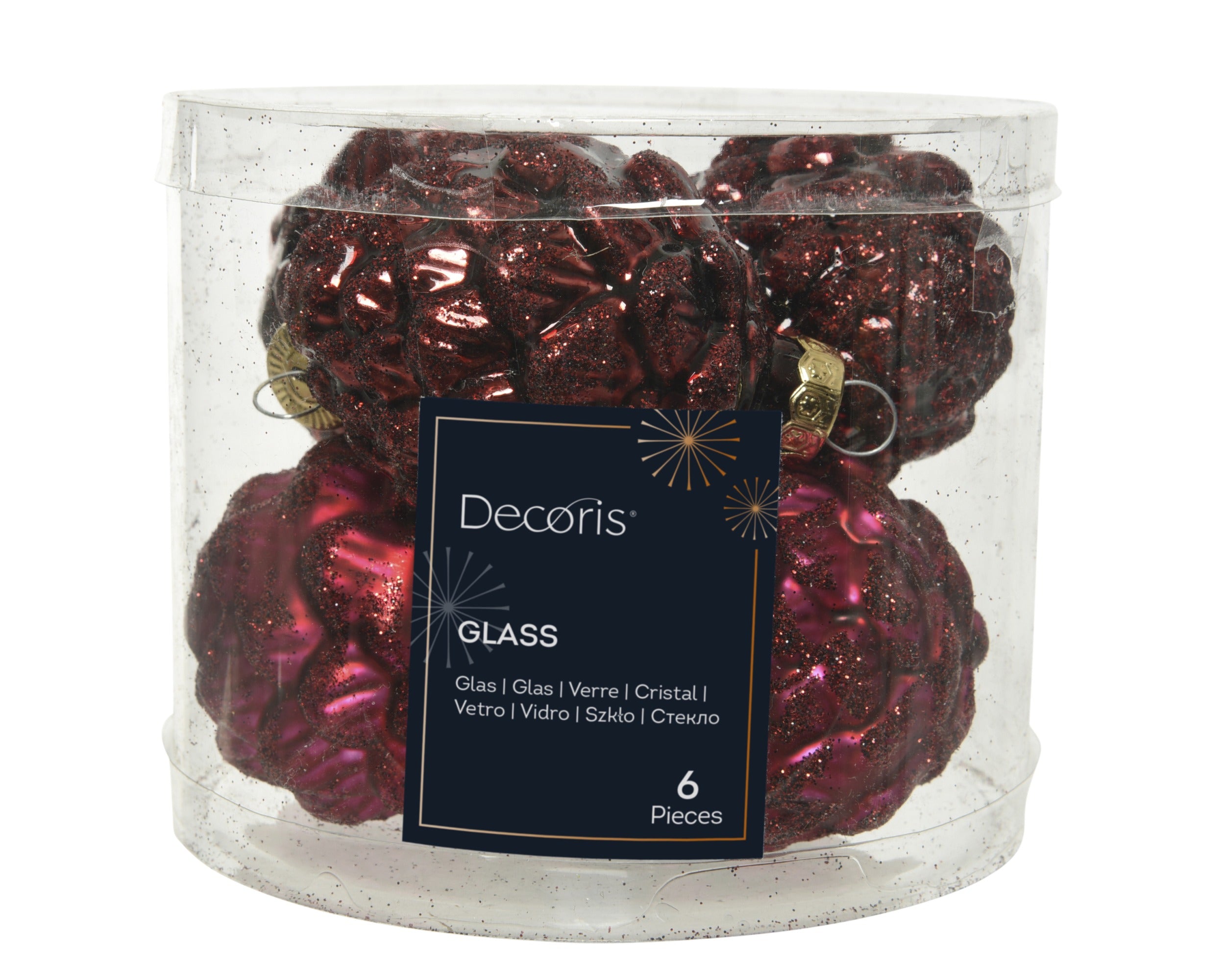 Kerstballen dennenappel glas glans/mat glitter mix 5x7cm - ossenbloed 6st.