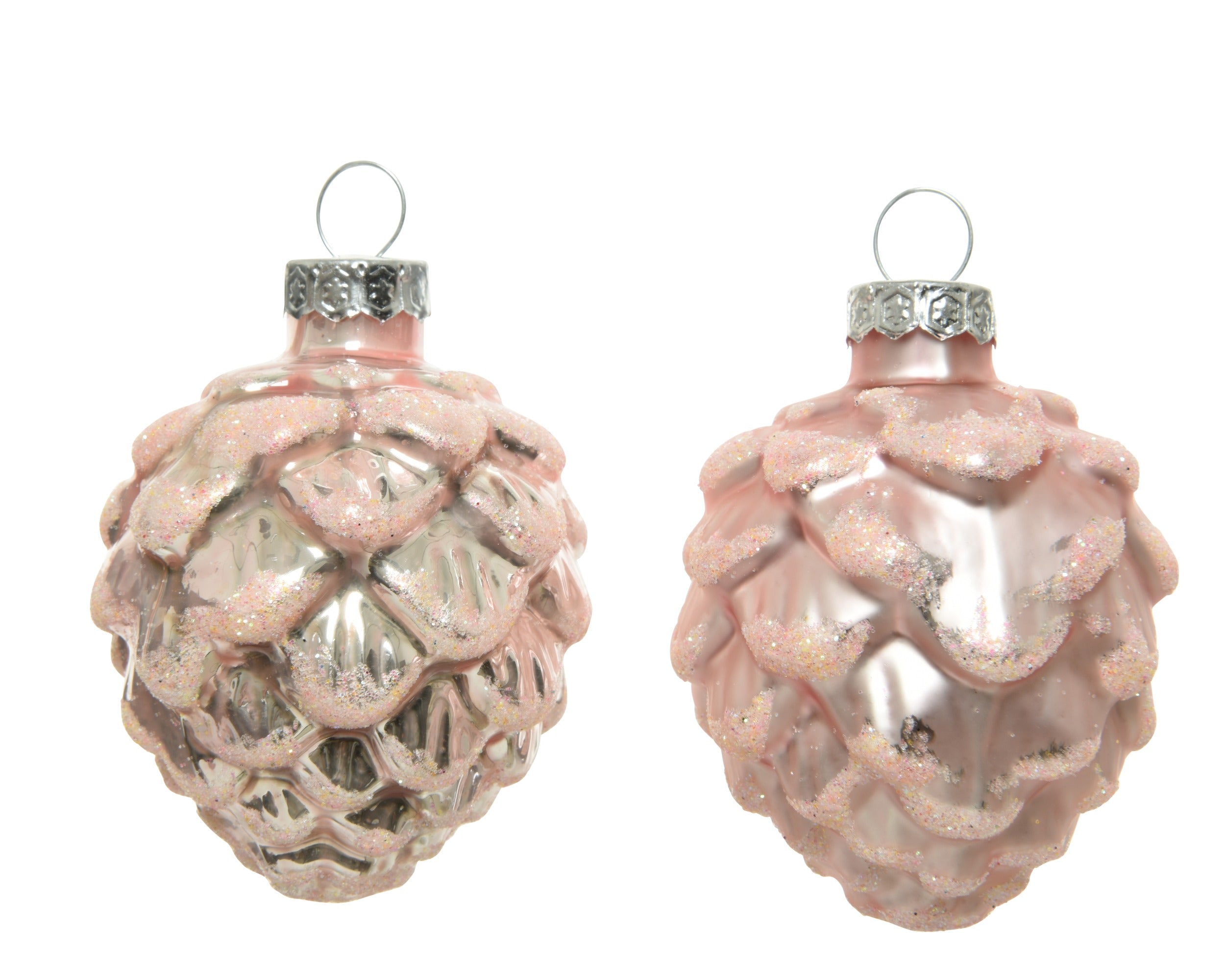 Kerstballen dennenappel glas emaille/mat glitter mix 5x7cm - poederroze 6st.