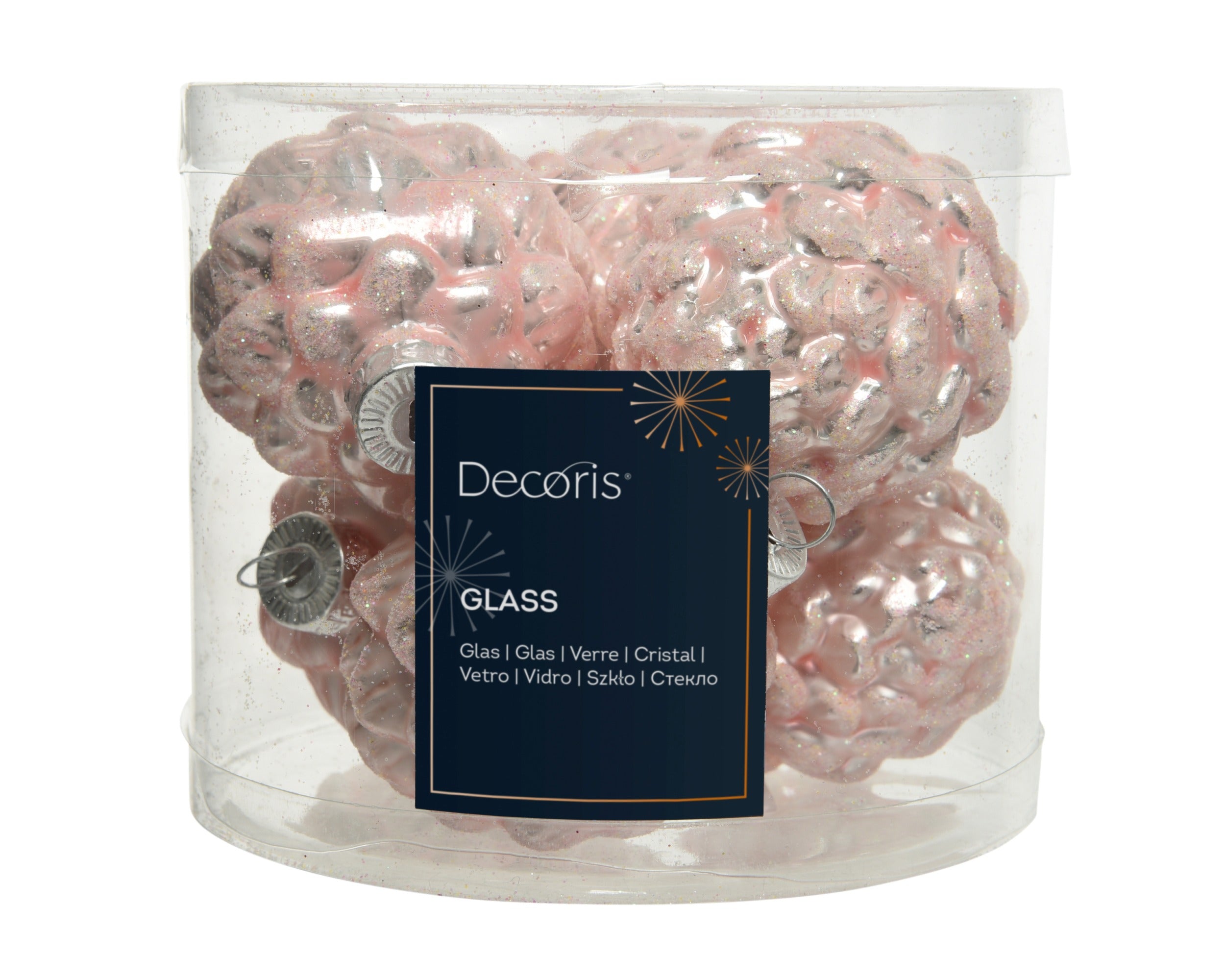 Kerstballen dennenappel glas emaille/mat glitter mix 5x7cm - poederroze 6st.