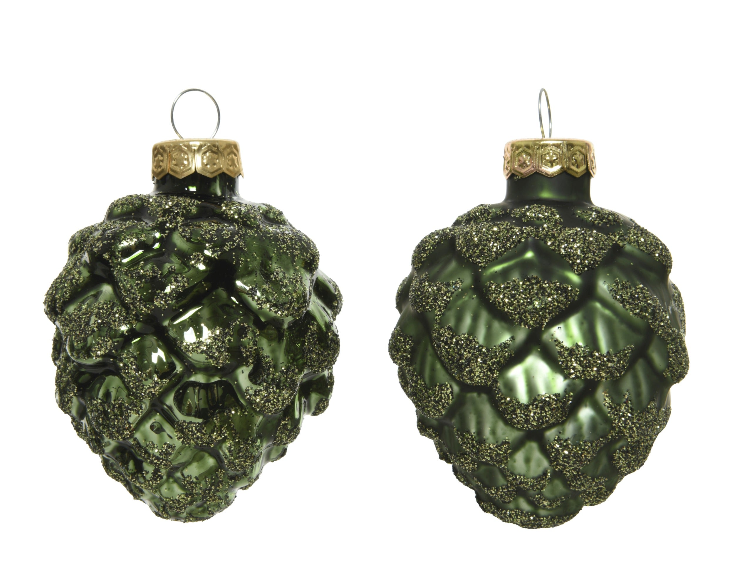 Kerstballen dennenappel glas glans/mat glitter mix 5x7cm - dennengroen 6st.