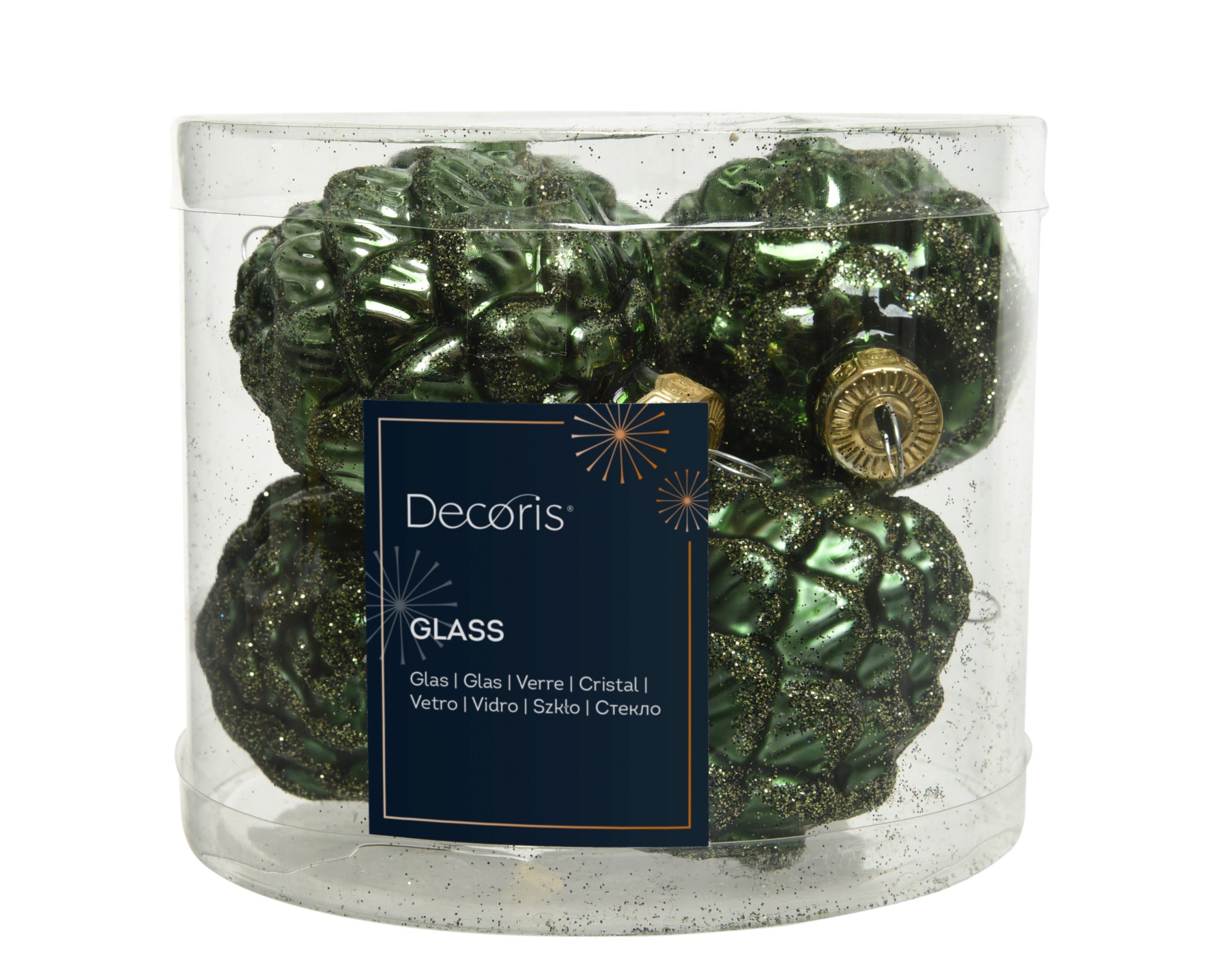 Kerstballen dennenappel glas glans/mat glitter mix 5x7cm - dennengroen 6st.