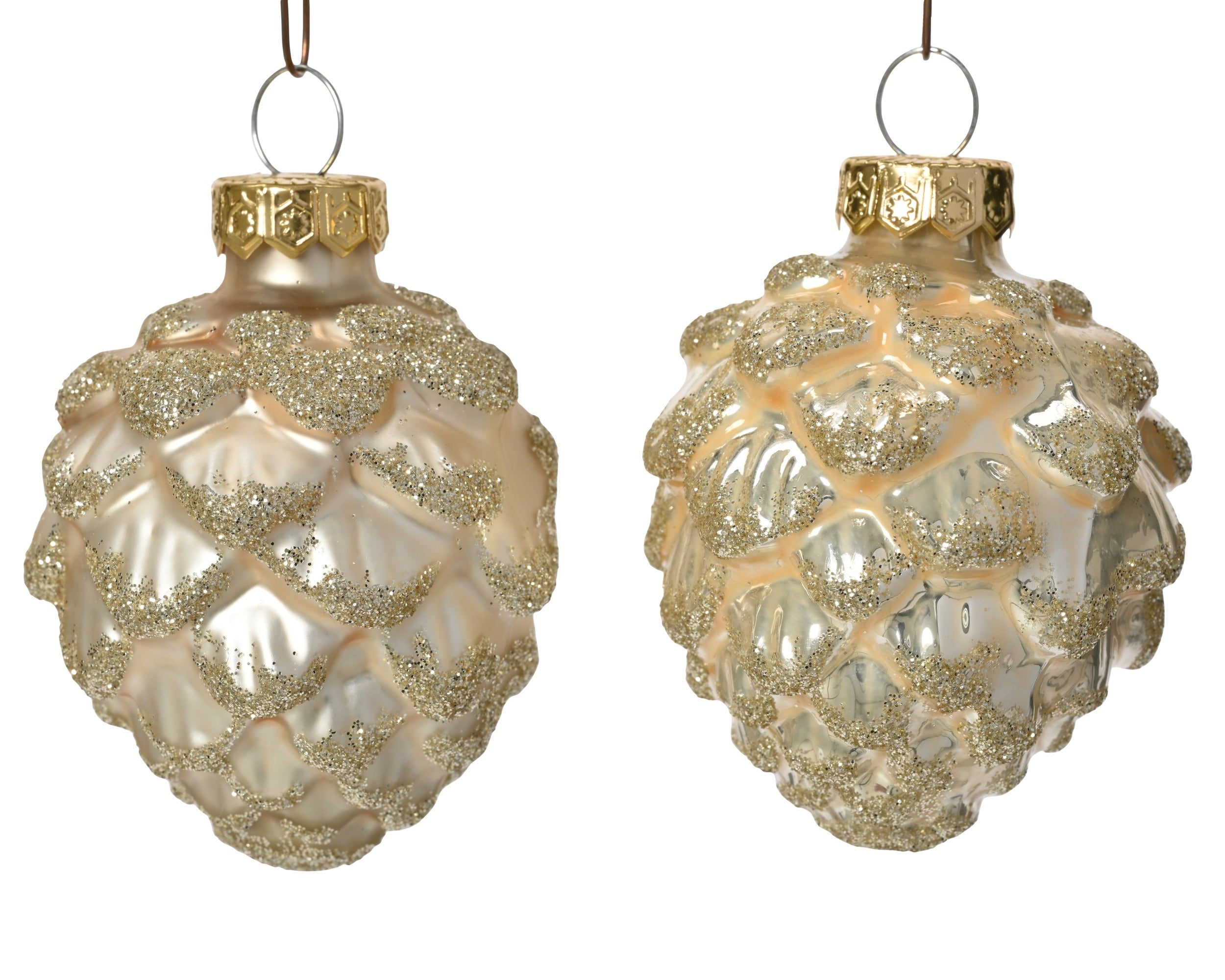Kerstballen dennenappel glas glans/mat glitter mix 5x7cm - parel 6st.
