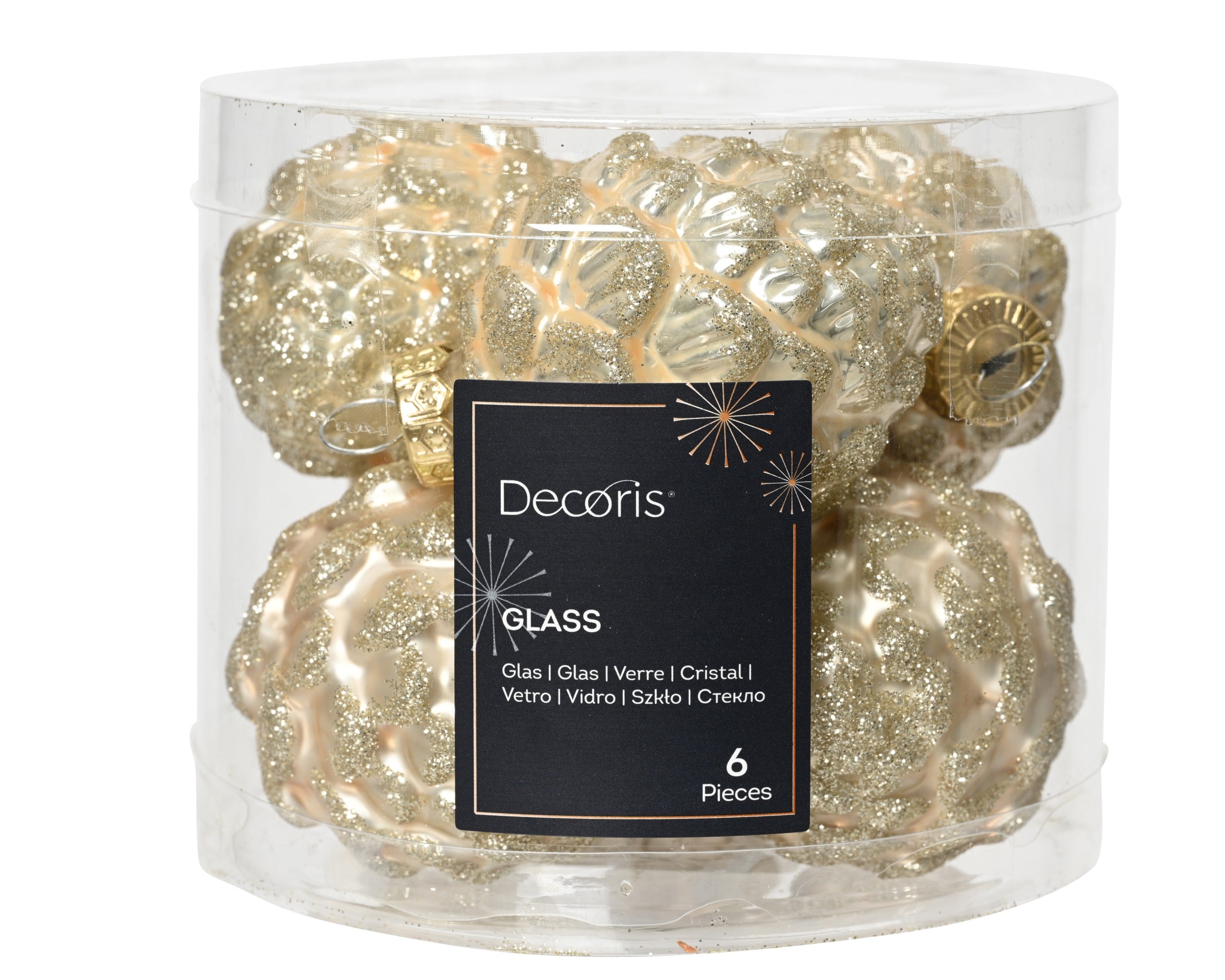 Kerstballen dennenappel glas glans/mat glitter mix 5x7cm - parel 6st.