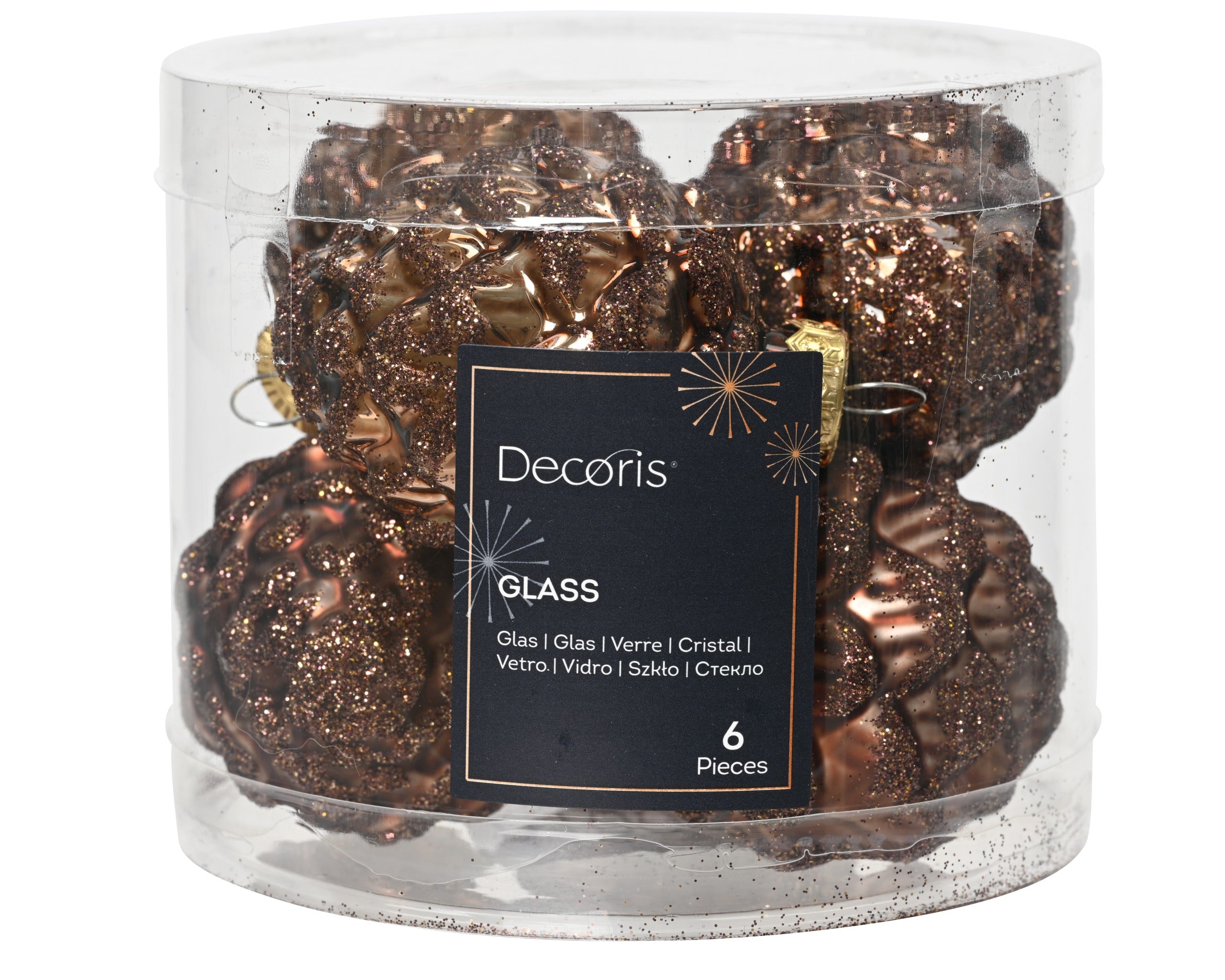 Kerstballen dennenappel glas glans/mat glitter mix 5x7cm - espresso 6st.