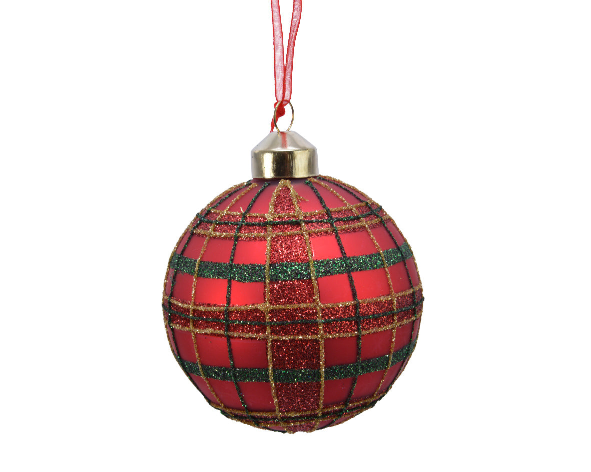 Kerstbal glas glitter ruit 8cm - kerstrood 3st. (prijs per verpakk.)