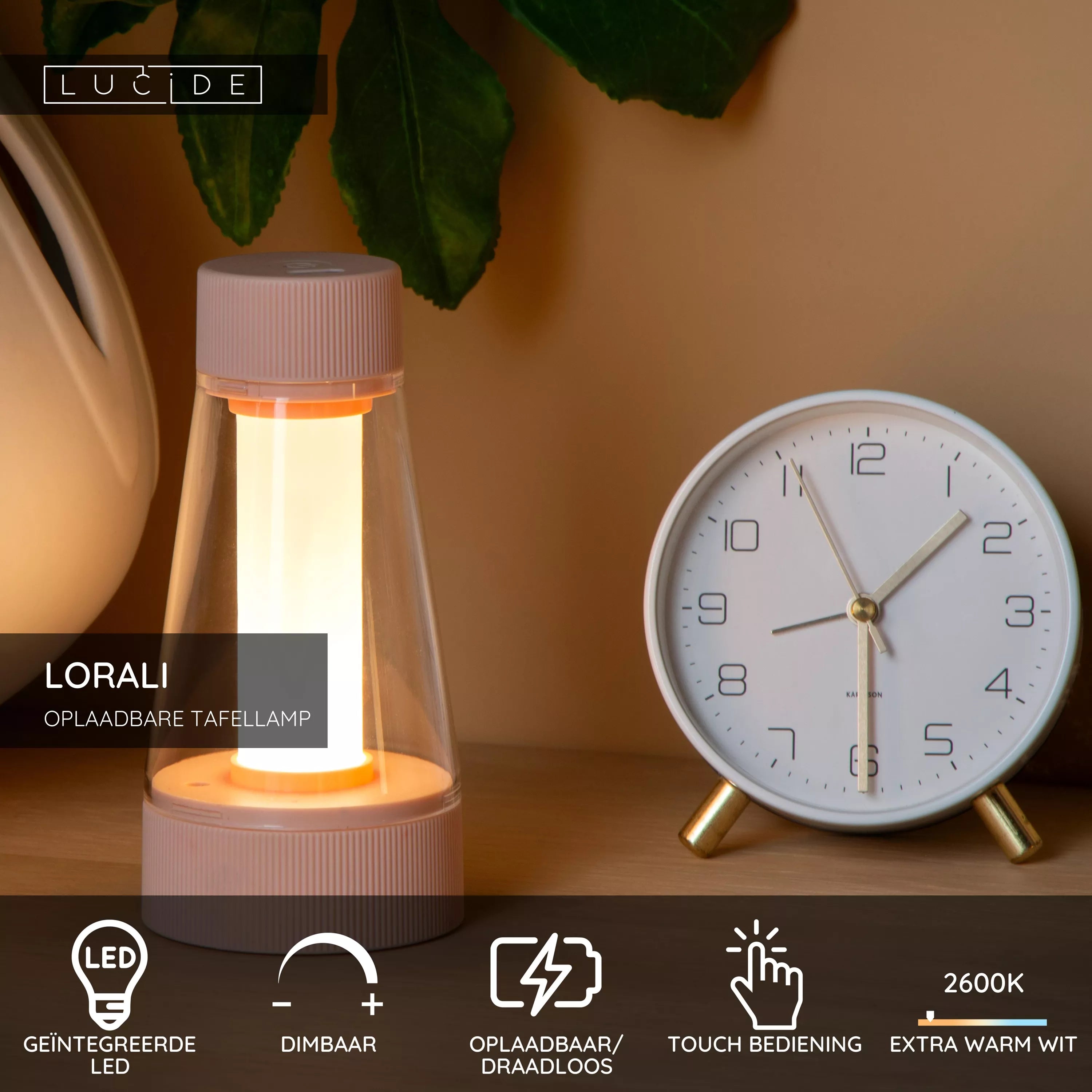Lucide- LORALI Tafellamp roze LED binnen dimbaar 1.2W  IP44 diameter 7.7cm