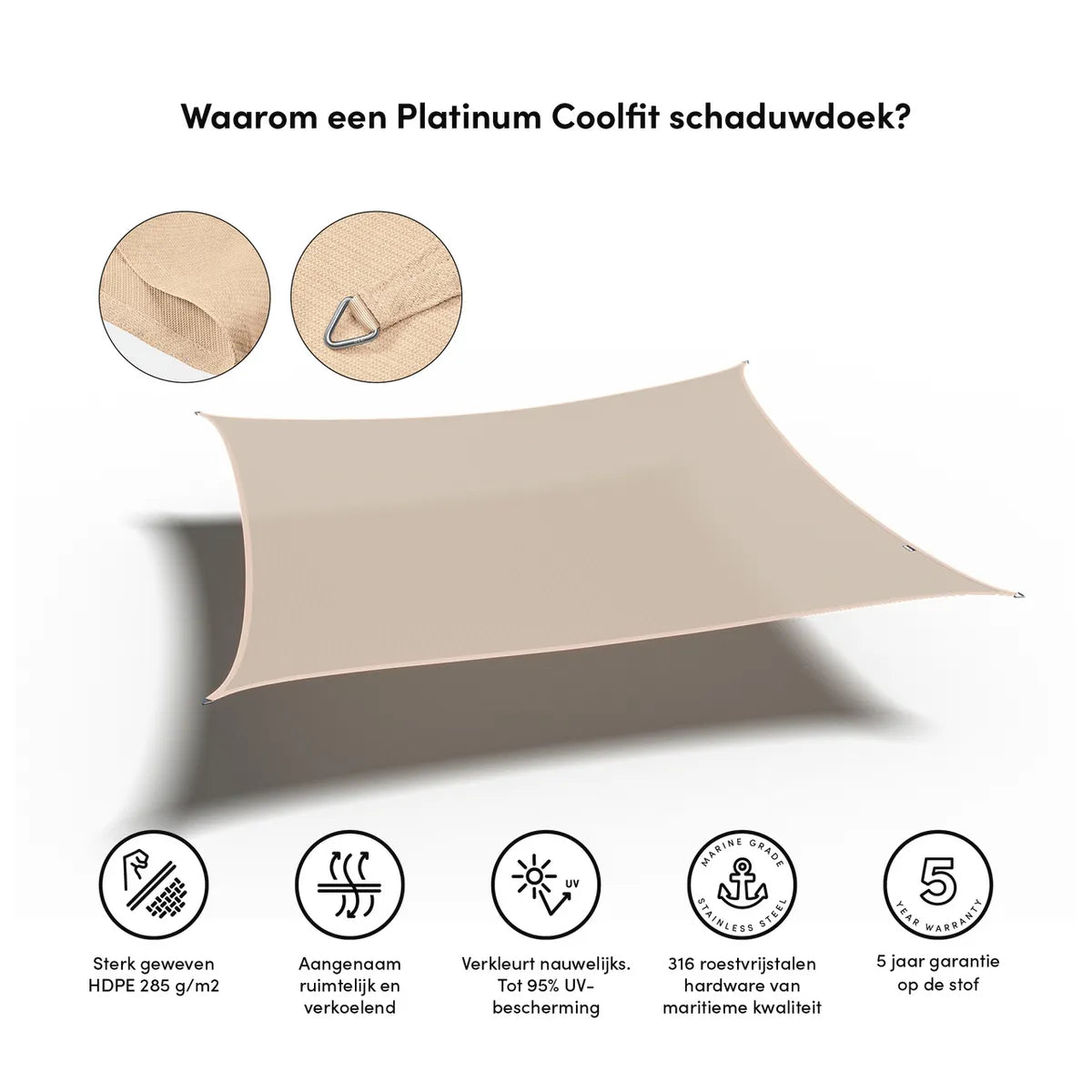 PLATINUM Coolfit schaduwdoek vierkant - 360x360cm - ecru wit
